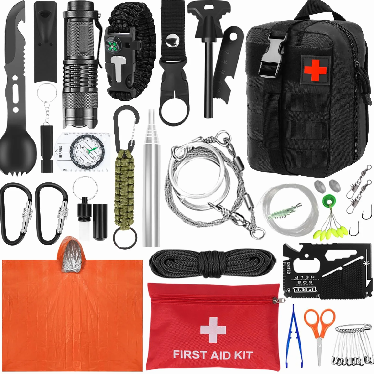 Kit de Supervivencia de Emergencia 69 Piezas 30 en 1 Linterna Táctica Brújula Herramientas Multifunción para Camping