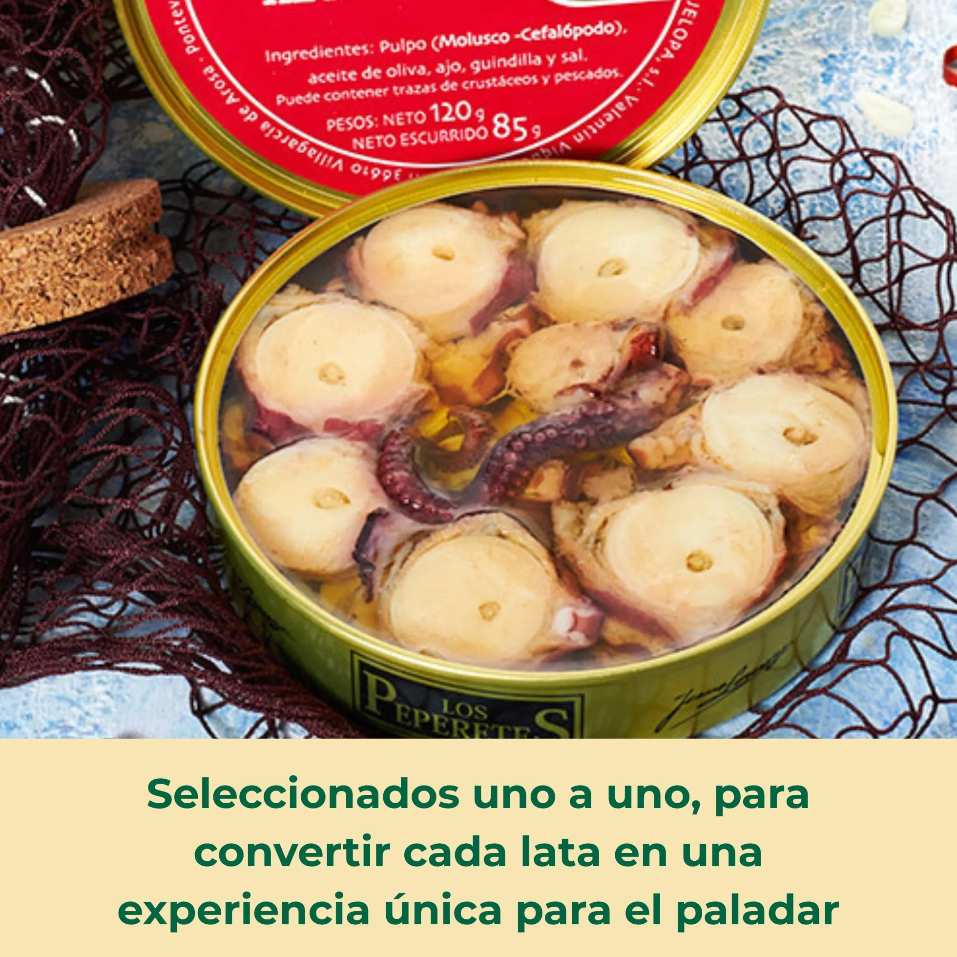LOS PEPERETES Pulpo al Ajillo 120 g | Marisco Gallego Gourmet | Conserva Artesanal en Aceite de Oliva con Ajo Natural | Pulpo del Atlántico | Sabor Tradicional de Galicia