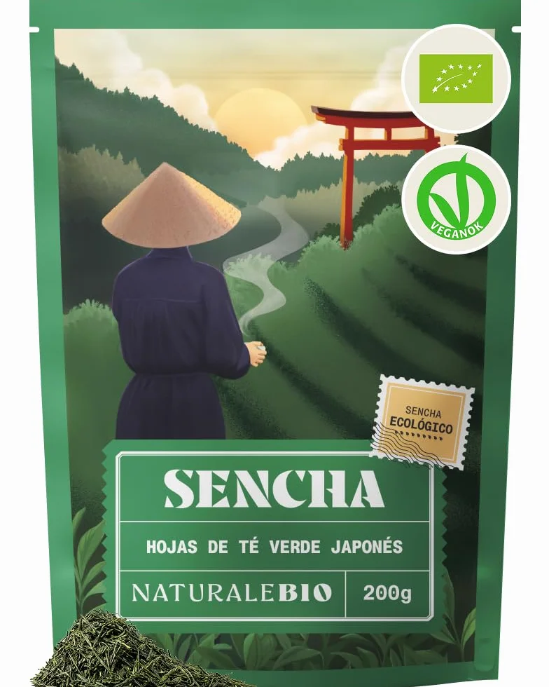 NaturaleBio Té Verde Sencha Japonés Orgánico - Upper Grade - de 200g. Bio, Natural y Puro, Té Verde en Hojas de la Primera Cosecha, cultivado en Japón. Organic Japanese Sencha Green Tea.