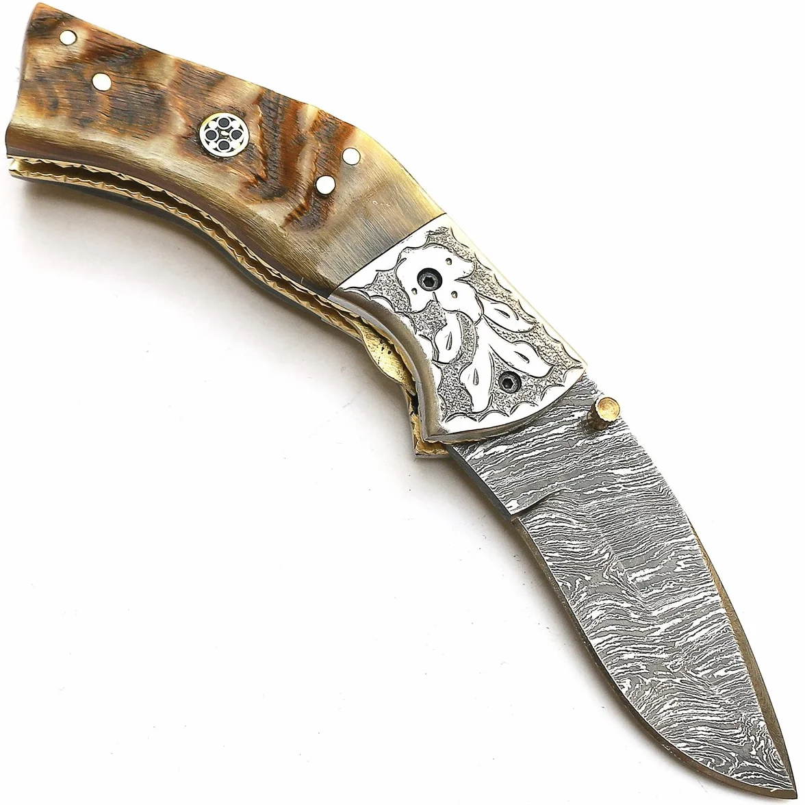 Cuchillo plegable navaja de bolsillo acero Damasco funda cuero artesanal forjado a mano