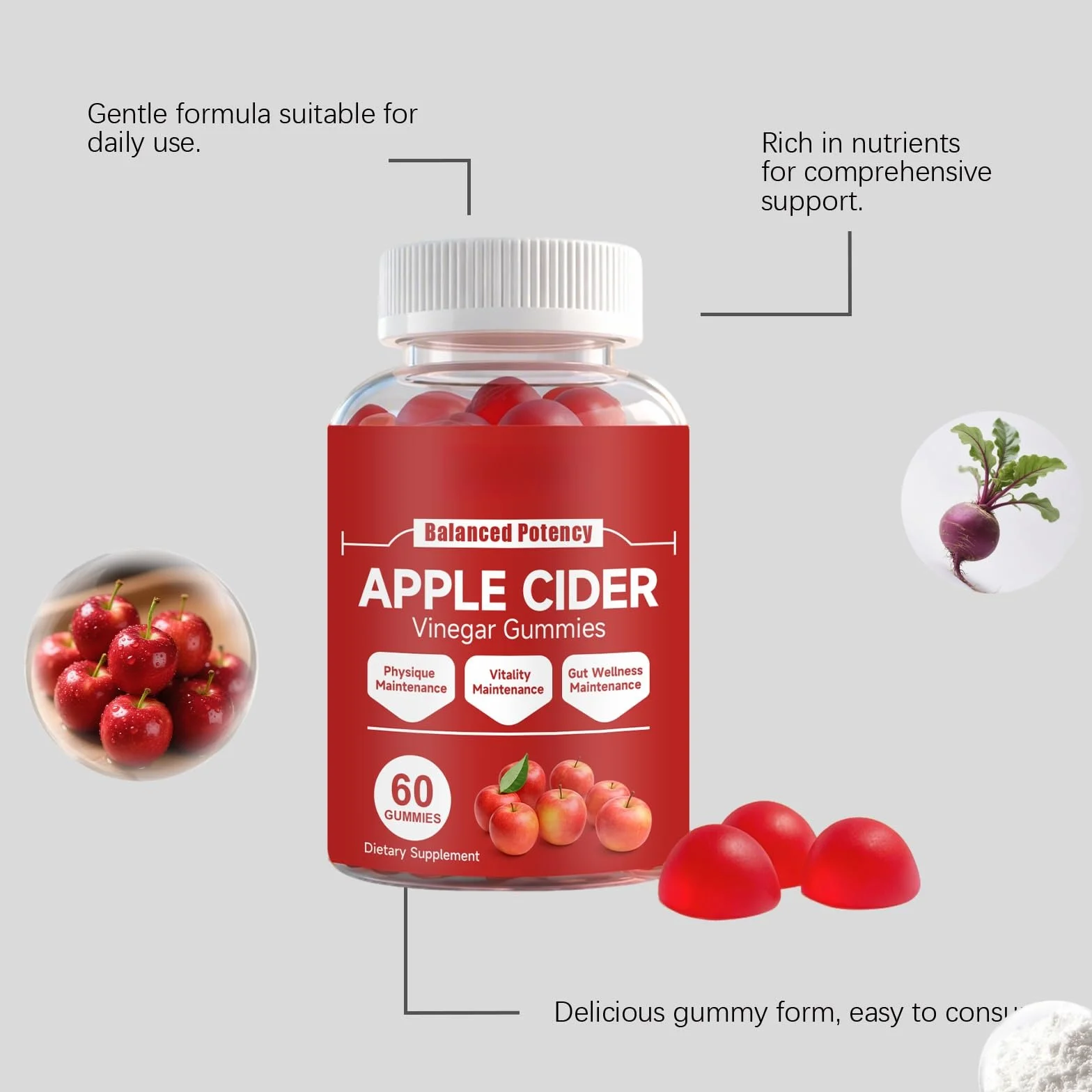 Gomitas De Vinagre Sidra Manzana For Control Del Apetito, Aumento Metabolismo, Alivio La Hinchazón Y Energía - Apoyo Digestivo Masticable, 60 Unidades(3PCS)