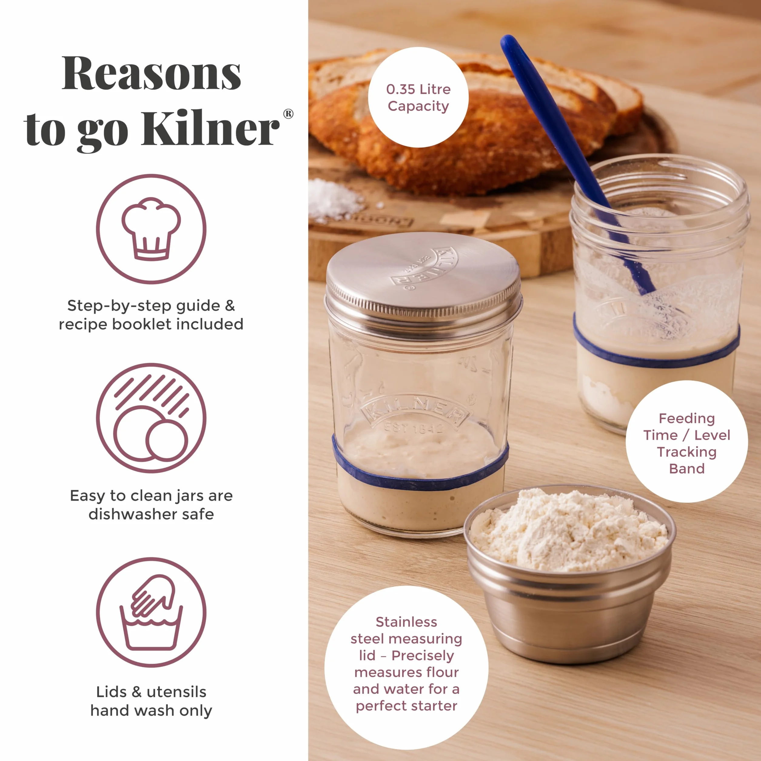 Kilner Juego de iniciación de masa madre 2 tarros 0,35L boca ancha acero inoxidable silicona