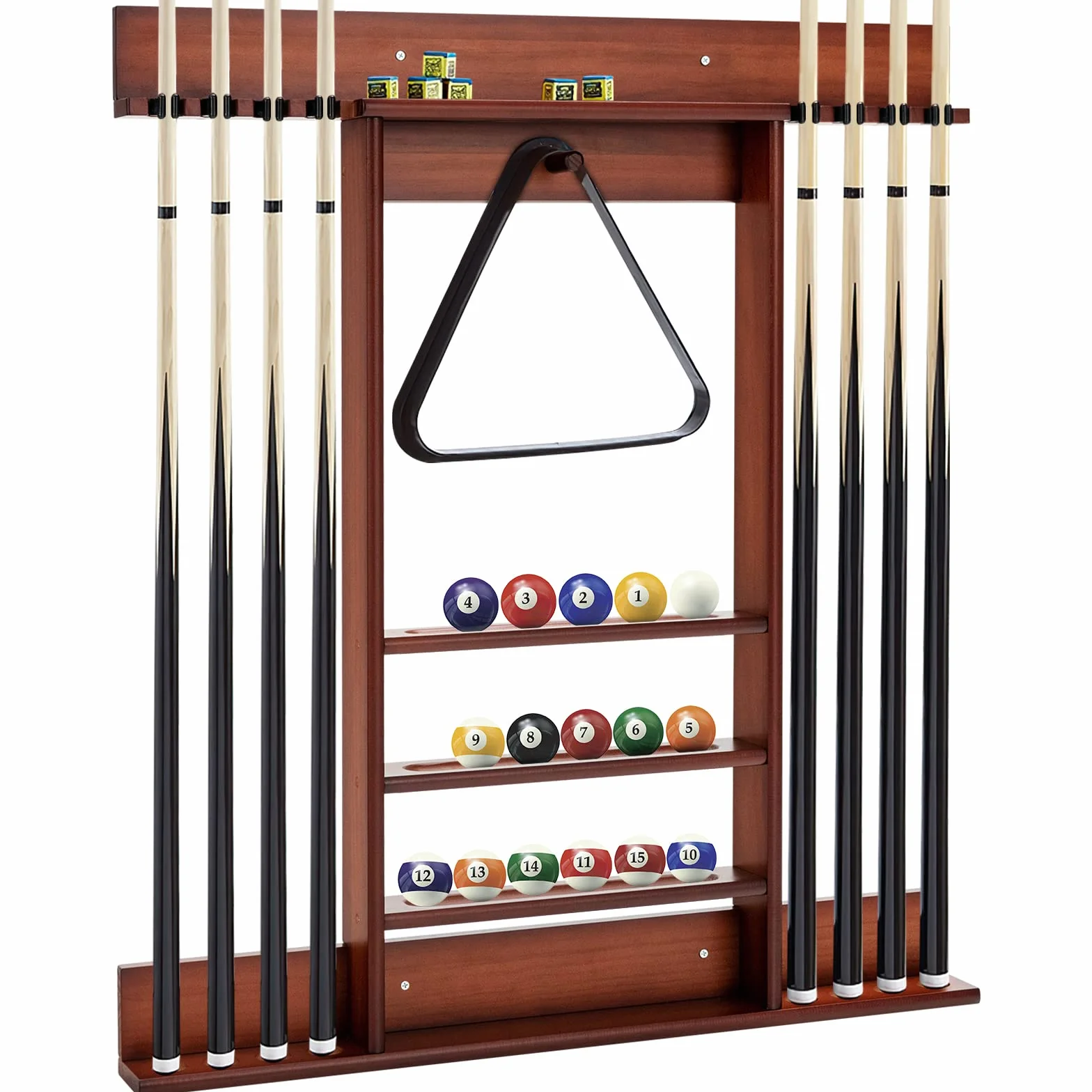 GOPLUS Soporte para Tacos de Billar de Madera de Pino, 8 Tacos, 15 Bolas y Accesorios, Taquera de Pared Marrón