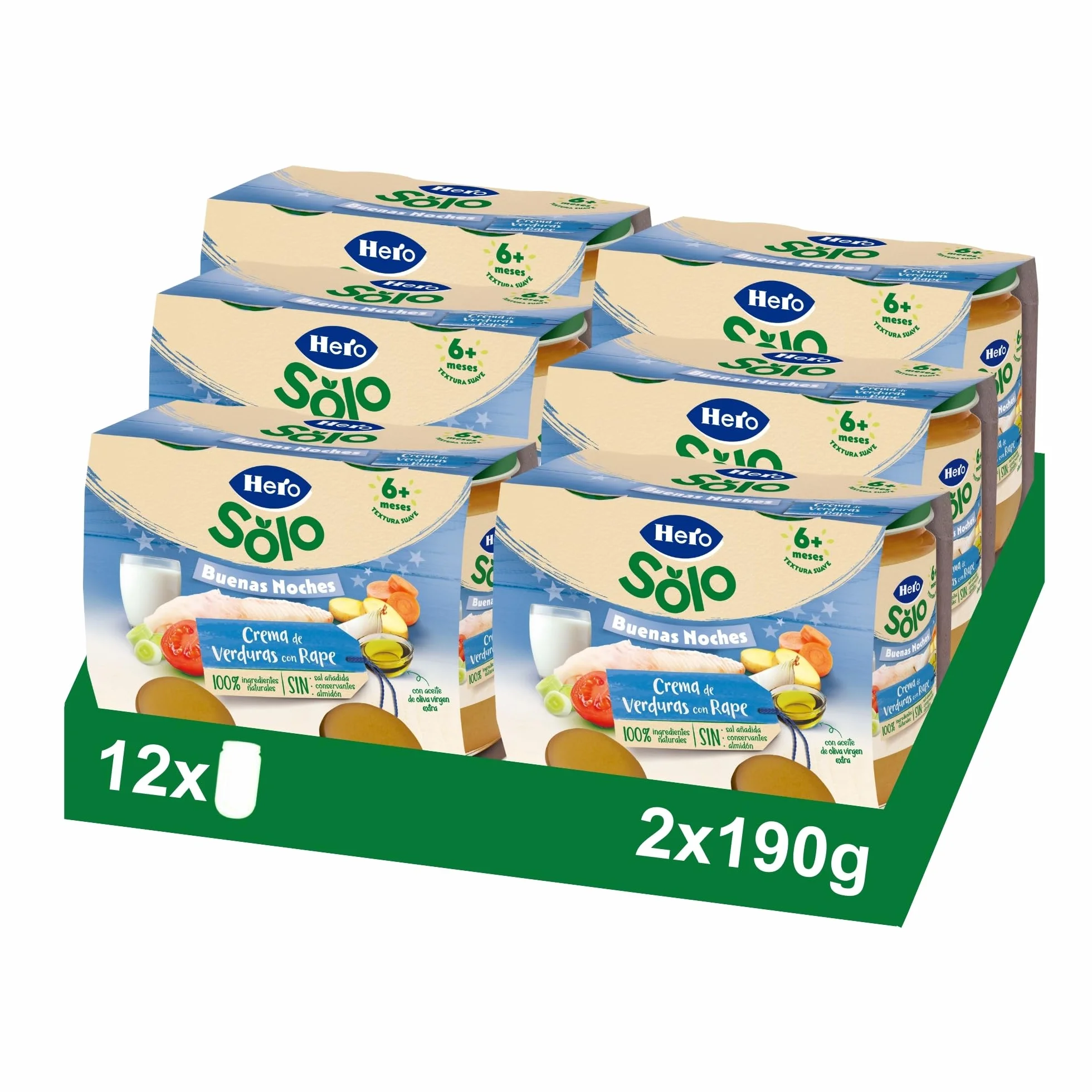 Hero Baby - Tarritos Infantiles, Buenas Noches Tarritos de Crema de Verduras con Rape, Alimento Infantil para Bebés a Partir de los 8 Meses - 190 g (Paquete de 12)