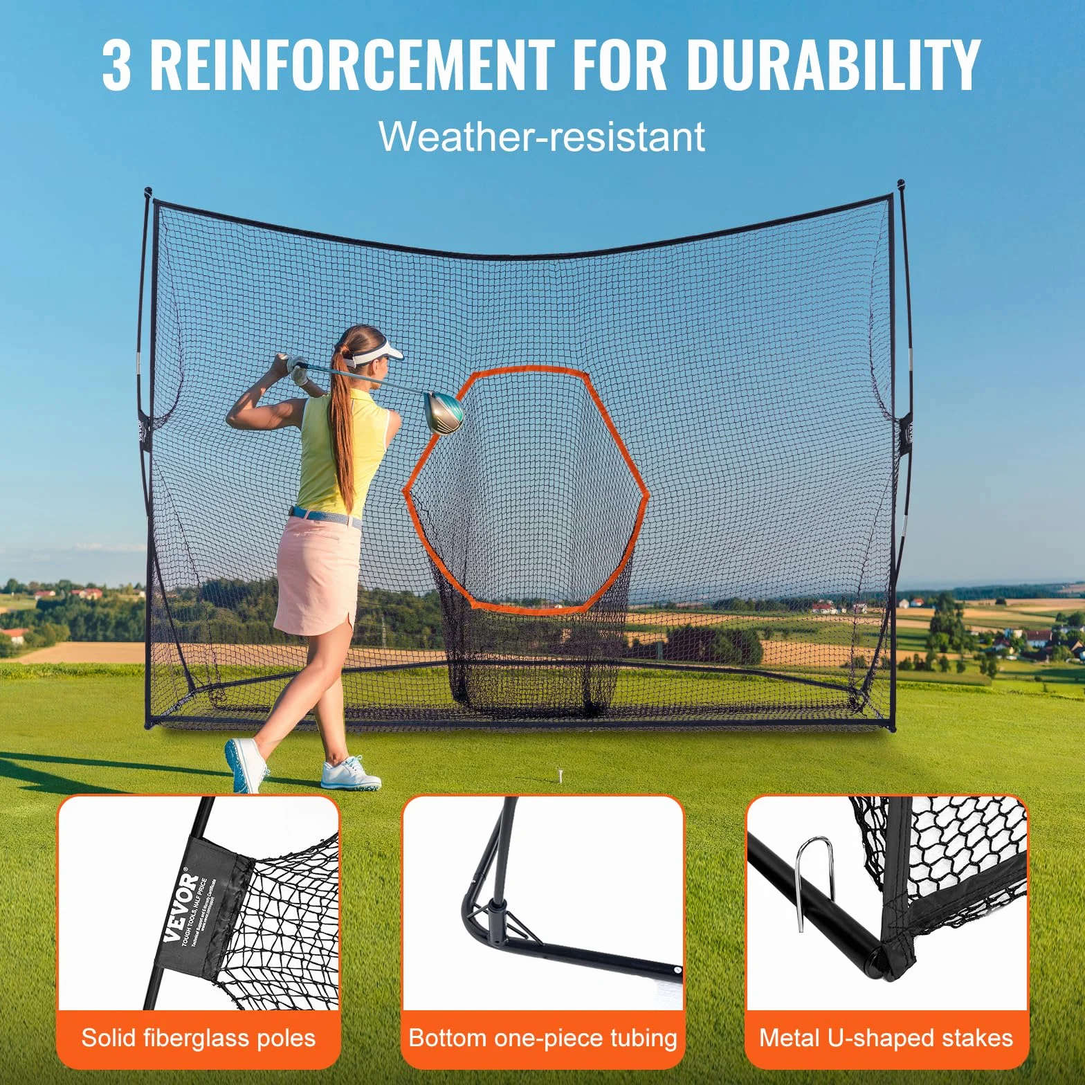 VEVOR Red de Práctica de Golf 329 x 95 x 217 cm Campo Personal Interior Exterior Portátil para Hogar Con Marco de Fibra de Vidrio y Bolsa de Transporte