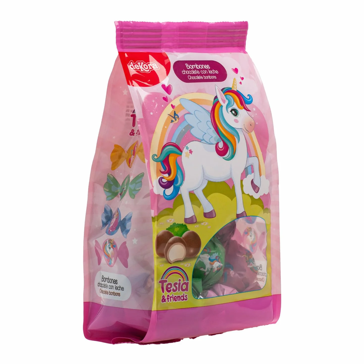 Dekora - Pack Bombones de Chocolate Rellenos de Crema de Leche y Diseño Unicornio Tesia 100g, Ideal para Fiestas Infantiles y Cumpleaños. Divertidos y deliciosos