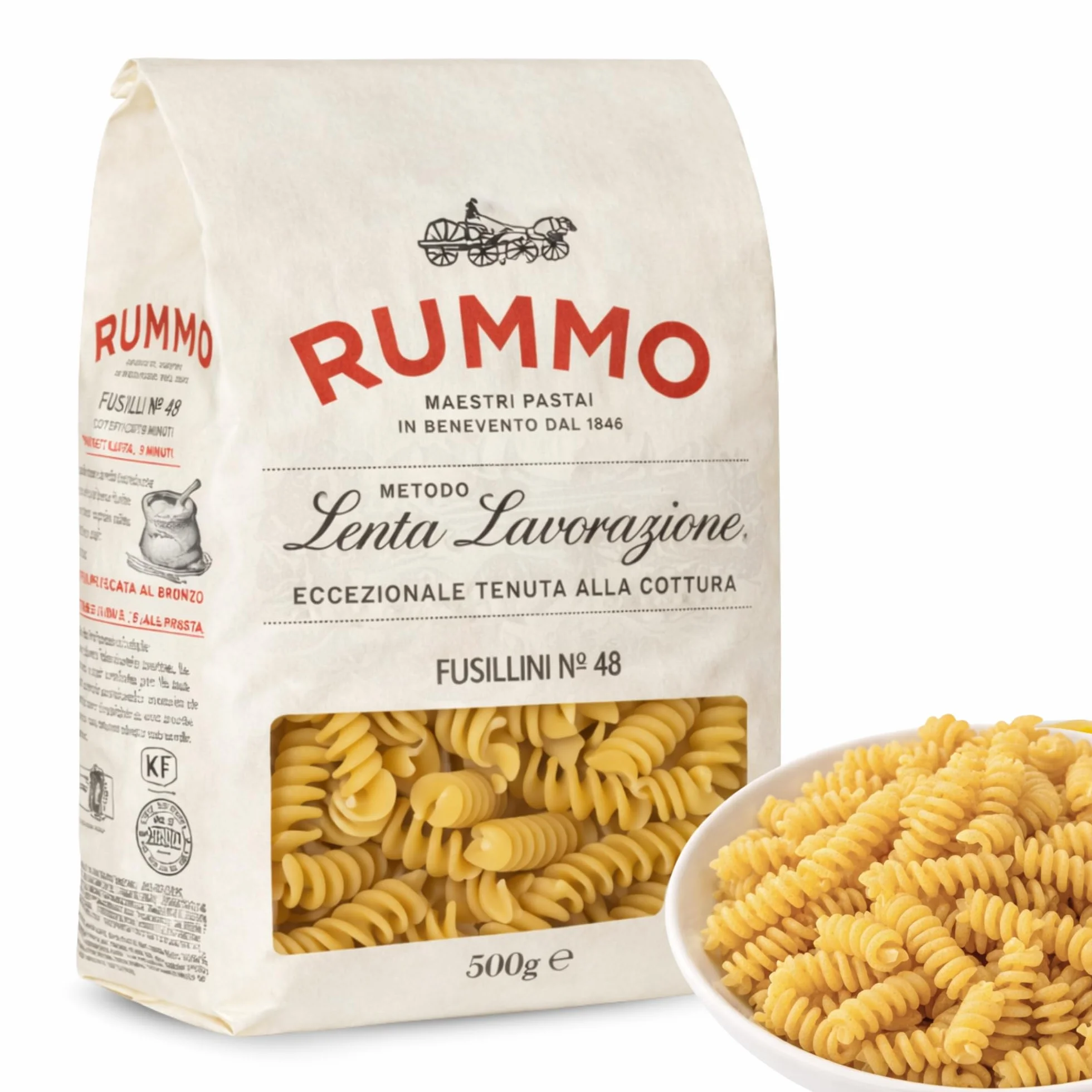 Pasta Rummo Fusilli Nº48 500g, Pasta Italiana, Pasta alimenticia de sémola de trigo duro, Contiene gluten, Puede contener trazas de soja, Tiempo de cocción 9 minutos, 1 Paquete de 500 gr