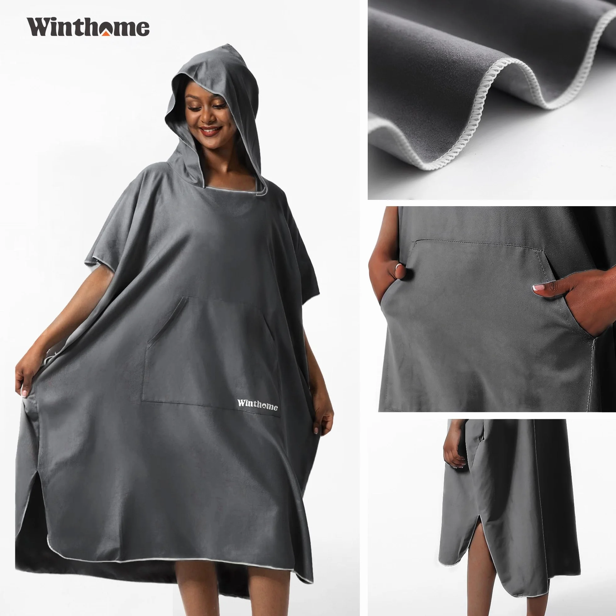 Poncho Surf Secado Rápido Microfibra con Bolsillo y Capucha para Hombre Mujer Playa Natación Viajes Gris M