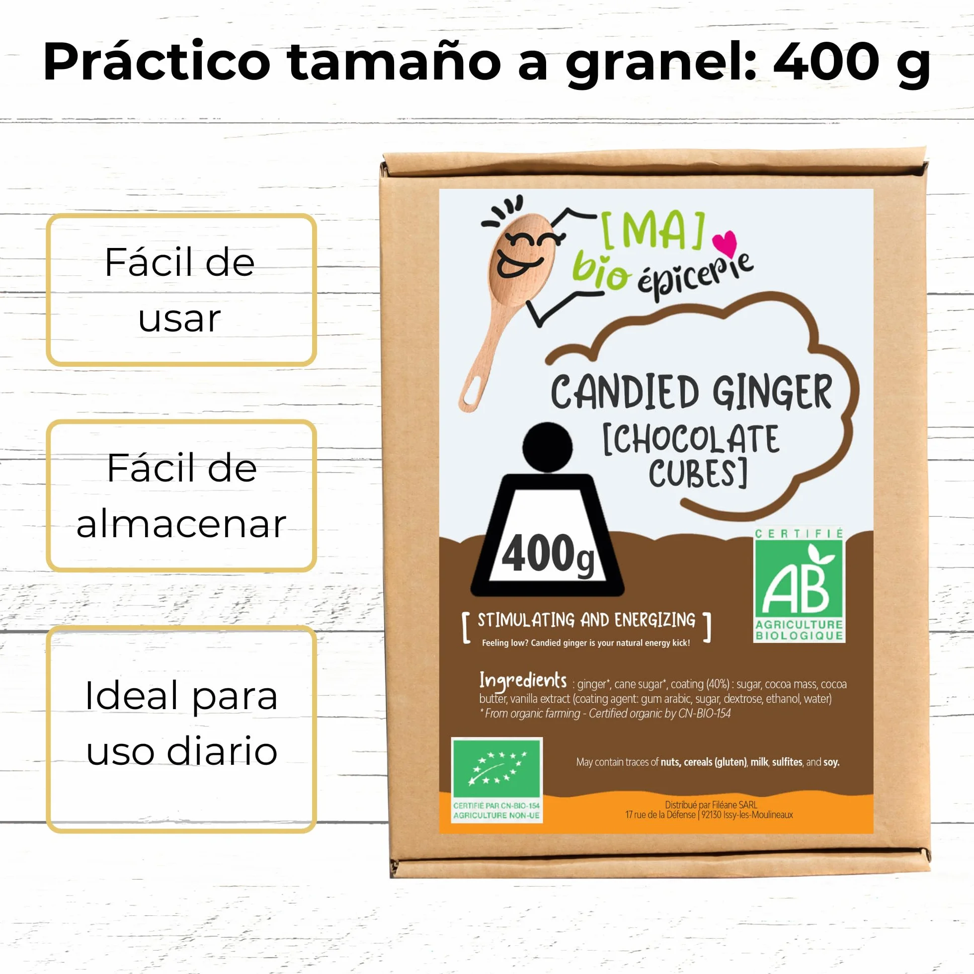 MA bio-épicerie - Jengibre Confitado Ecológico Cubierto de Chocolate Negro Eco 400 g - Jengibre Deshidratado a Granel sin Conservantes con Chocolate
