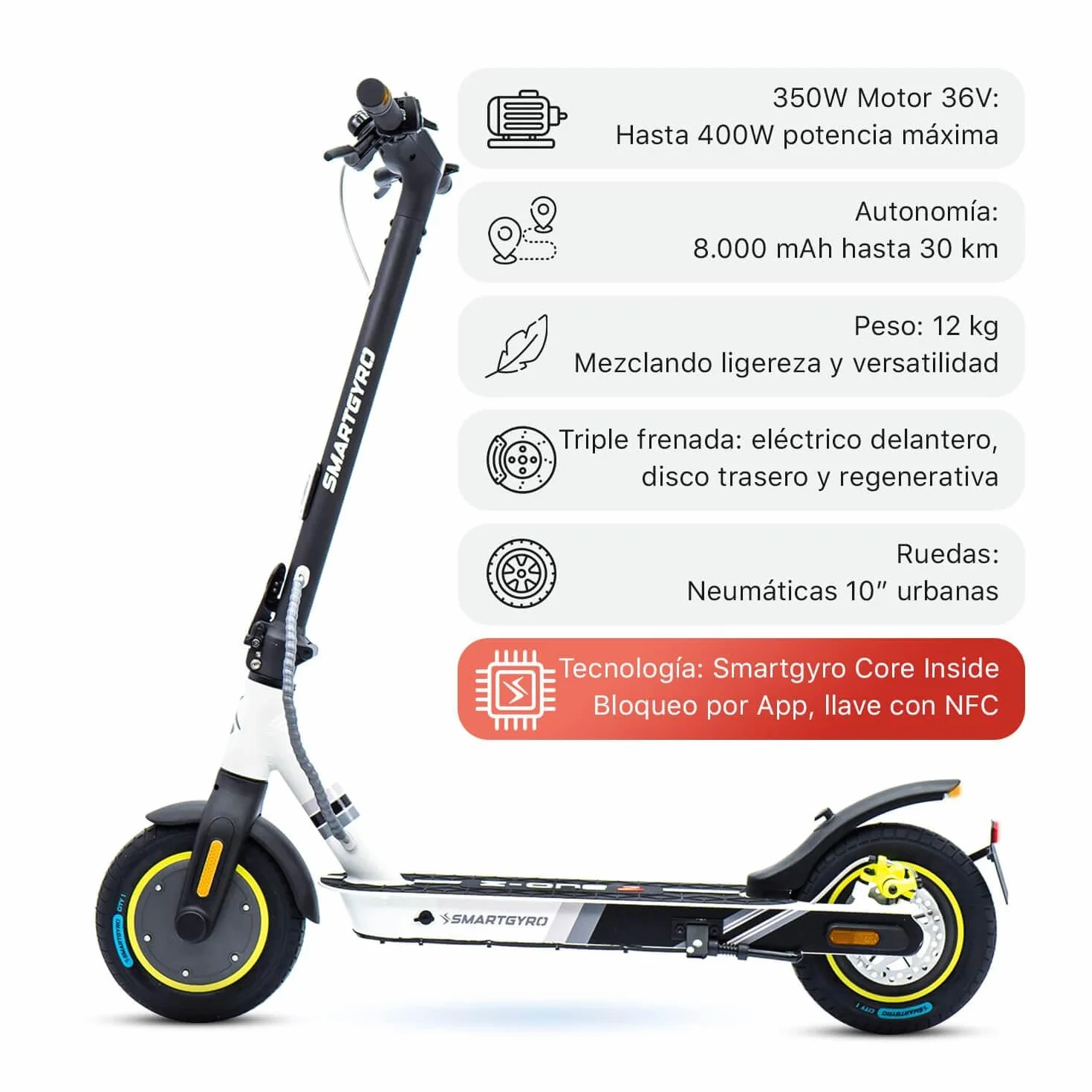 Patinete eléctrico smartGyro Z-One 2 36V 400W 8Ah 30km 10" Neumáticas Triple frenada App Smart Core DGT