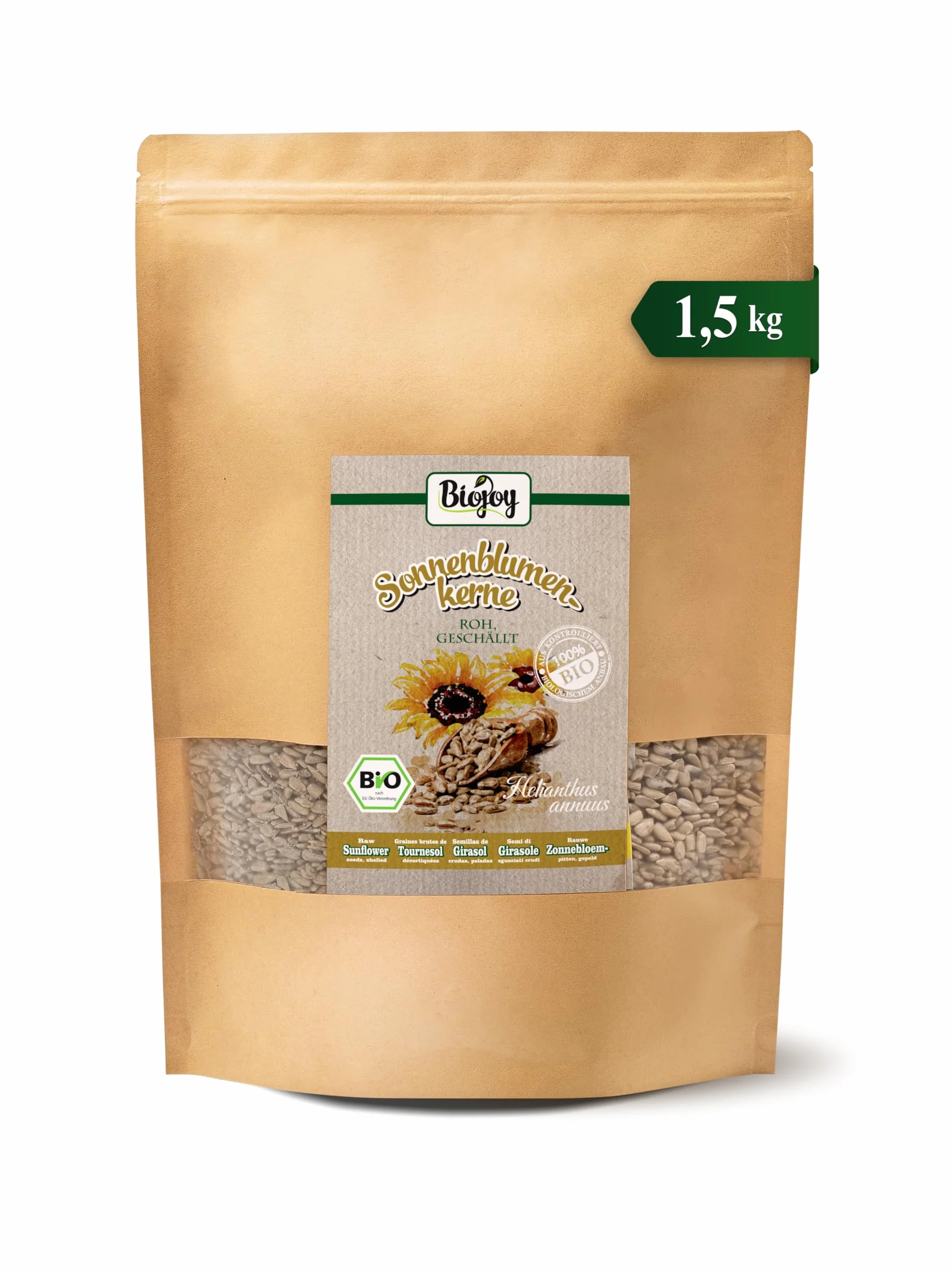 Biojoy Semillas de Girasol Orgánicas (1,5 kg), peladas, crudas y sin sal