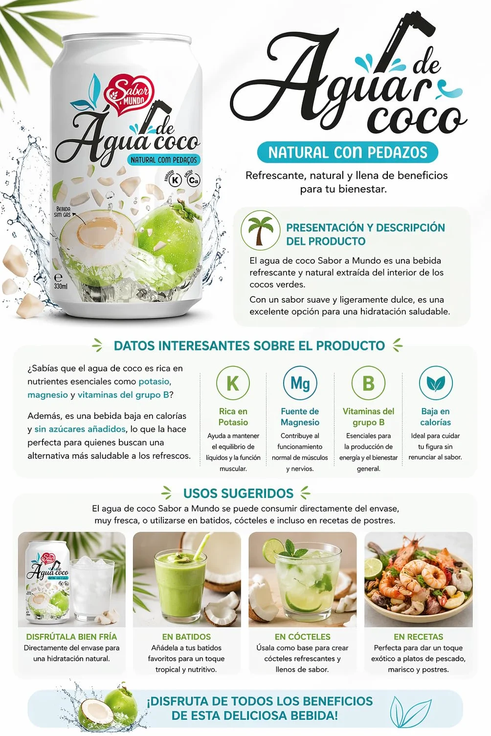 Pack 24 Agua de Coco Natural con Pulpa 330ml Sabor a Mundo | Bebida Isotónica Natural, Rica en Potasio y Calcio, Sin Gas, Hidratación Saludable
