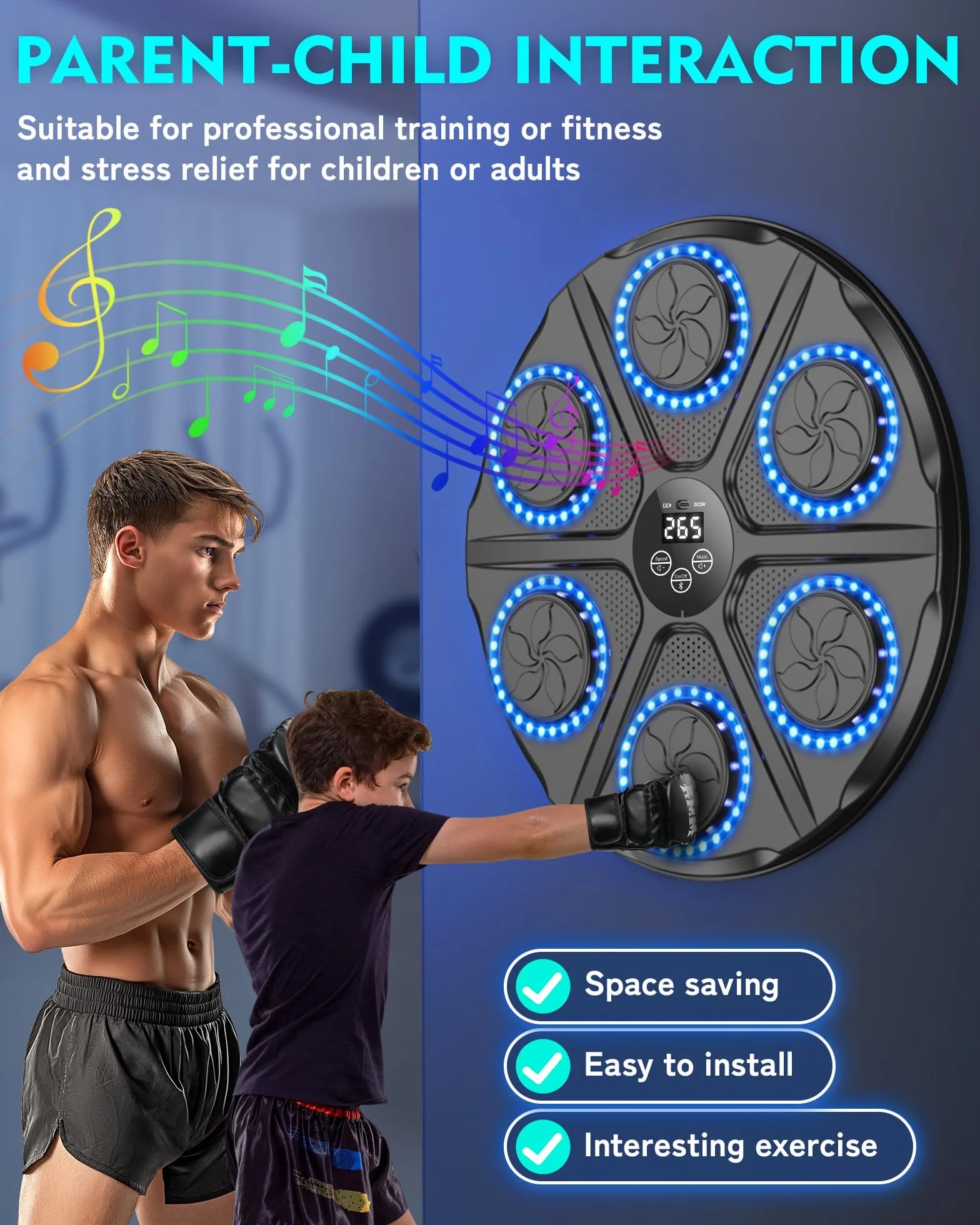 Máquina de Boxeo Musical Adulto 12 Modos Velocidad Boxeador Pared Guantes Bluetooth Recuento Inteligente Luces Ritmo