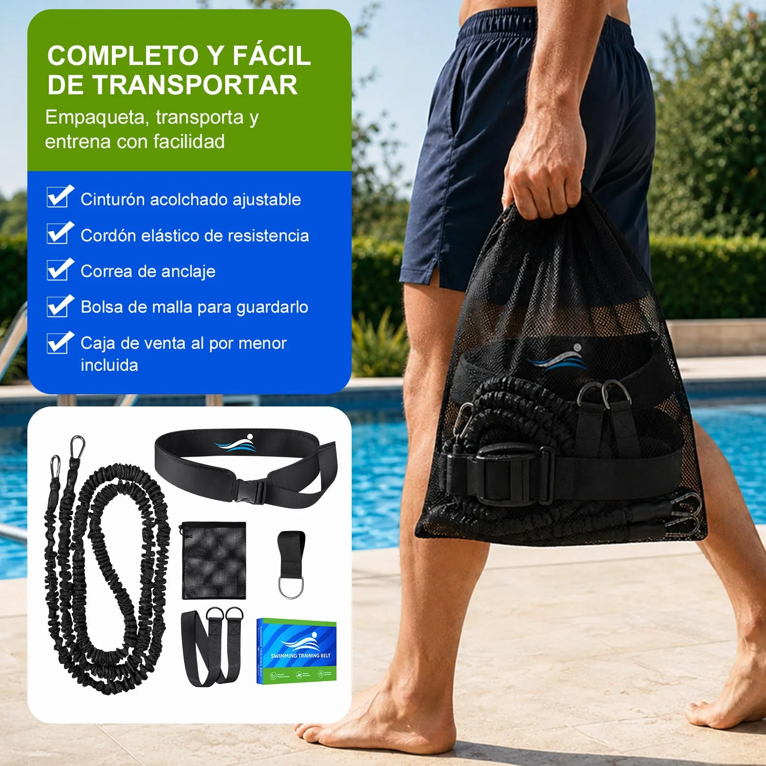 Cinturón de natación para piscina, ayuda de natación para adultos, resistencia ajustable 2,5-7,5 m