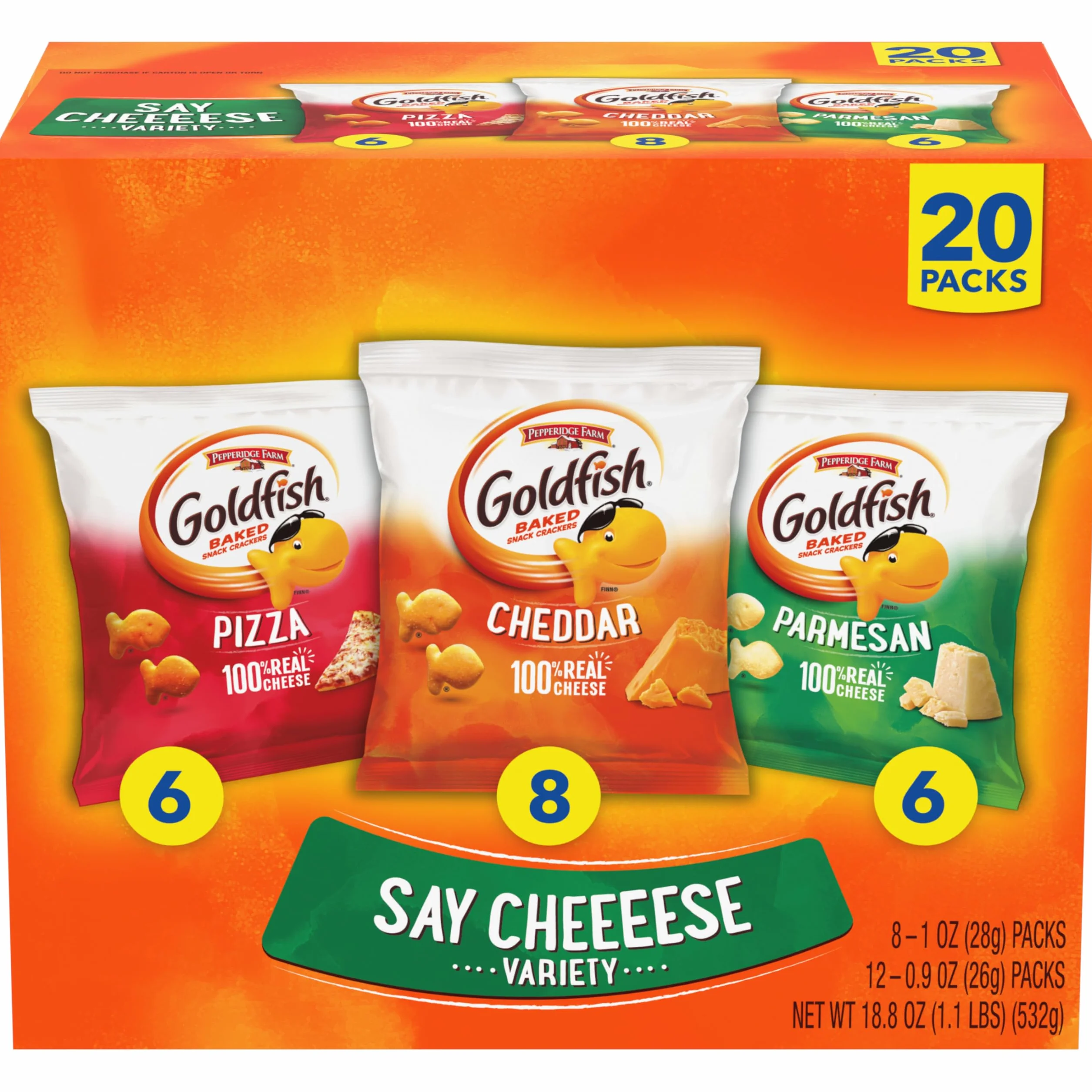 Pepperidge Farm Goldfish Crackers Say Cheeeese variedad con cheddar, pizza y parmesano, 20 paquetes de aperitivos