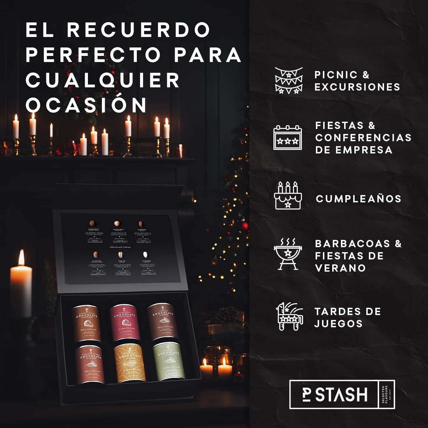 P-Stash Black Box Mix de Frutos Secos Chocolate Dream – Caja de 6 – Nueces pecanas, Avellanas & Almendras – Frutos secos con chocolate y especias únicas, tostados a mano en Berlín