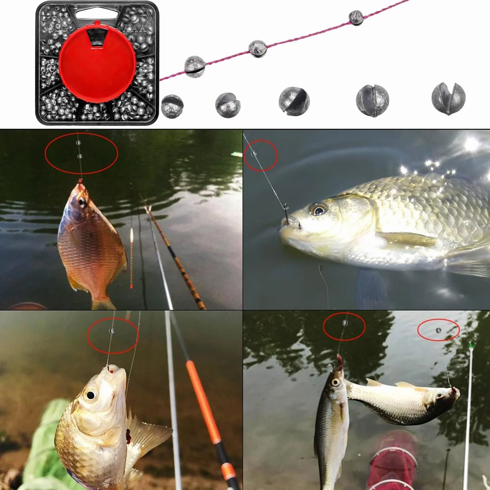 Pesas de Pesca 358 Piezas Plomos Redondo 7 Tamaños 0.2g-1.5g Accesorio para Agua Salada y Dulce