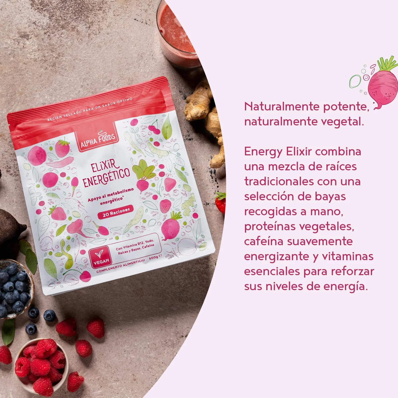 Elixir Energético | 600 Gramos | Superfood Smoothie Powder con raíces y bayas: Maca, Cúrcuma, Guaraná, Yerba Mate, Frambuesas, Açai, Bayas de Goji | Alternativa al Café | Alpha Foods