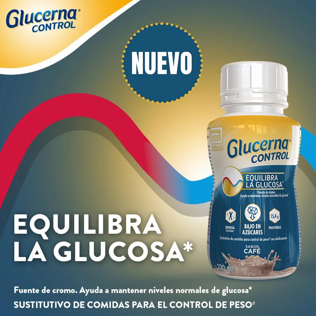Glucerna Control sabor café, sustitutivo de comidas listo para tomar, equilibrio de glucosa gracias al cromo, pack 8x220ml