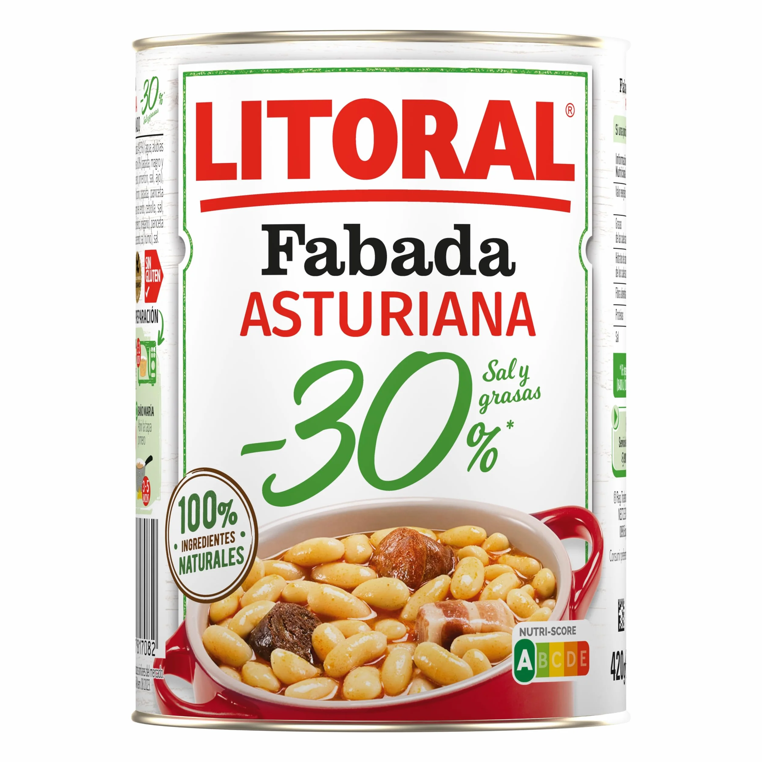 Litoral Fabada Asturiana -30% Sal y Grasa - Plato Preparado Sin Gluten - Pack de 10x420g - Total: 4.20kg