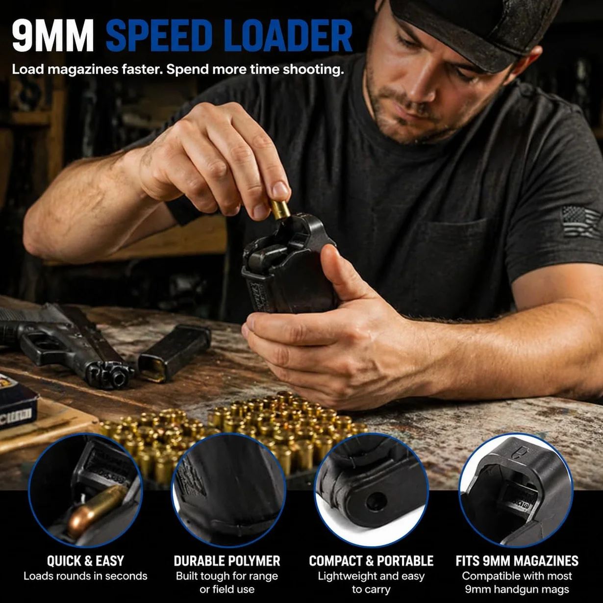 Cargador Rápido para Pistola 9mm .45ACP, Herramienta Recarga Rápida, Plástico Negro