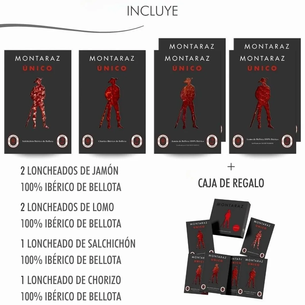 MONTARAZ® Caja Regalo Gourmet | 6 Loncheados Surtidos 100% Ibéricos de Bellota | Jamon Iberico, Lomo Iberico y Salchichon y Chorizo Ibéricos envasados al vacío (600gr) | 100% Natural | Lote Ibericos