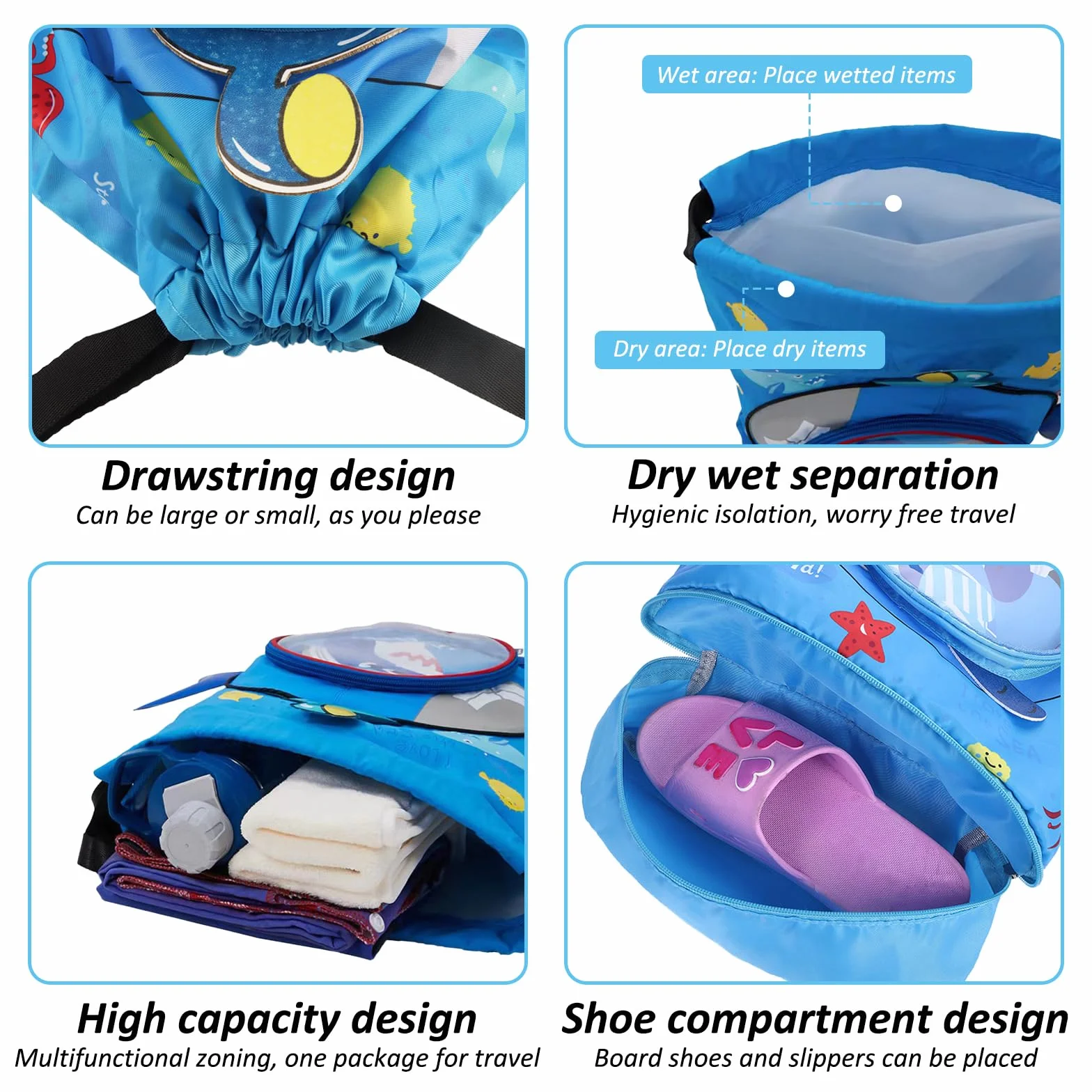 ZoneYan Mochila Cuerdas Niños Impermeable Bolsa Natación Piscina Separación Seco-Húmedo Compartimento Zapatos