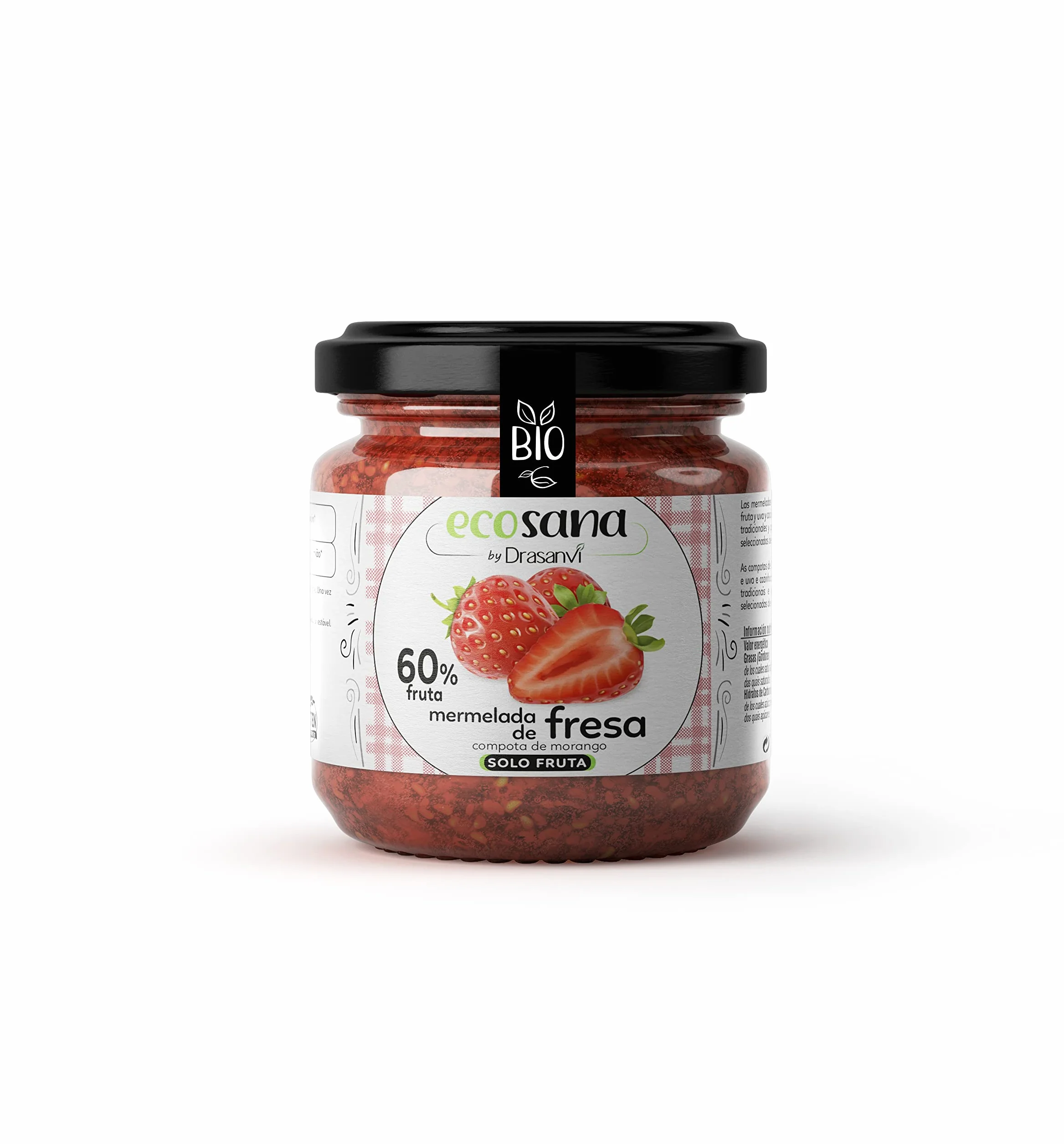 Drasanvi ECOSANA Mermelada de Fresa sin Azúcar Bio,con Vitaminas del Grupo B, Vitamina C, Minerales y Omega 3 |Fuente de Energía, Antioxidante | Deliciosa y Endulzada con Zumo de Uva,250 g