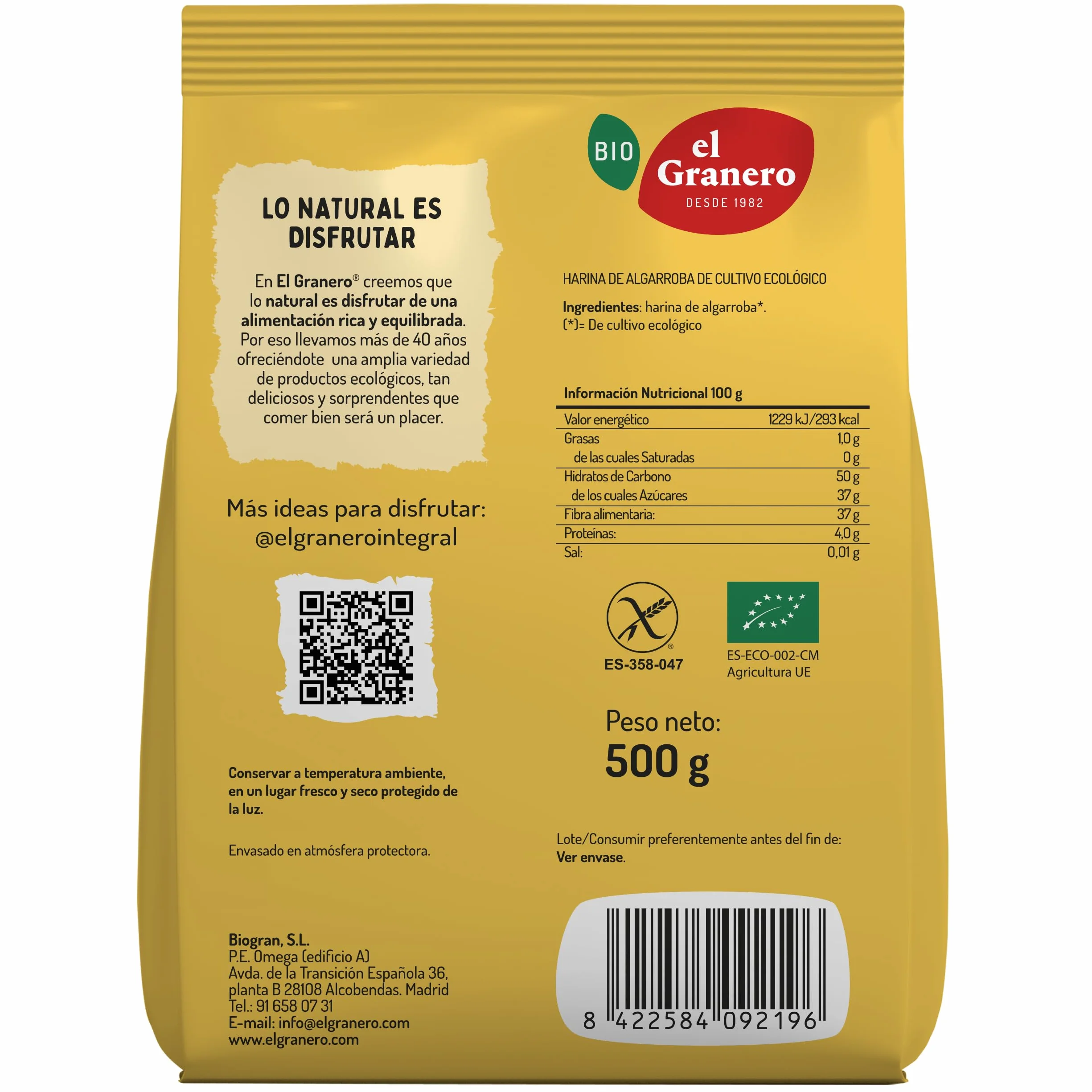 El Granero Integral Harina de Trigo Algarroba BIO Sin Gluten 500 g