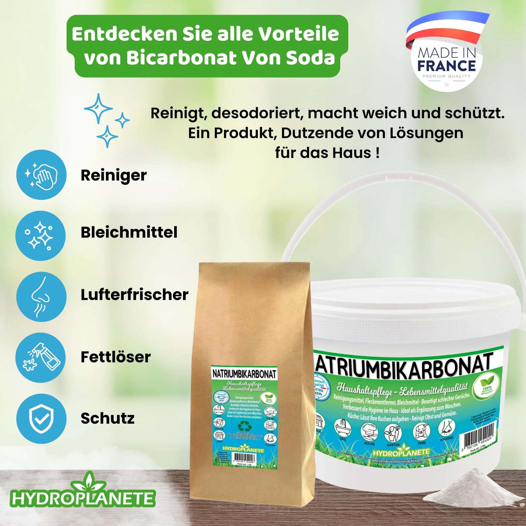 Bicarbonato Sódico Multiusos - Polvo para la Alimentación y el Hogar - Sin Aditivos y 100% Natural - Fabricado en Francia - Disponible de 1kg a 20kg - Hydroplanete
