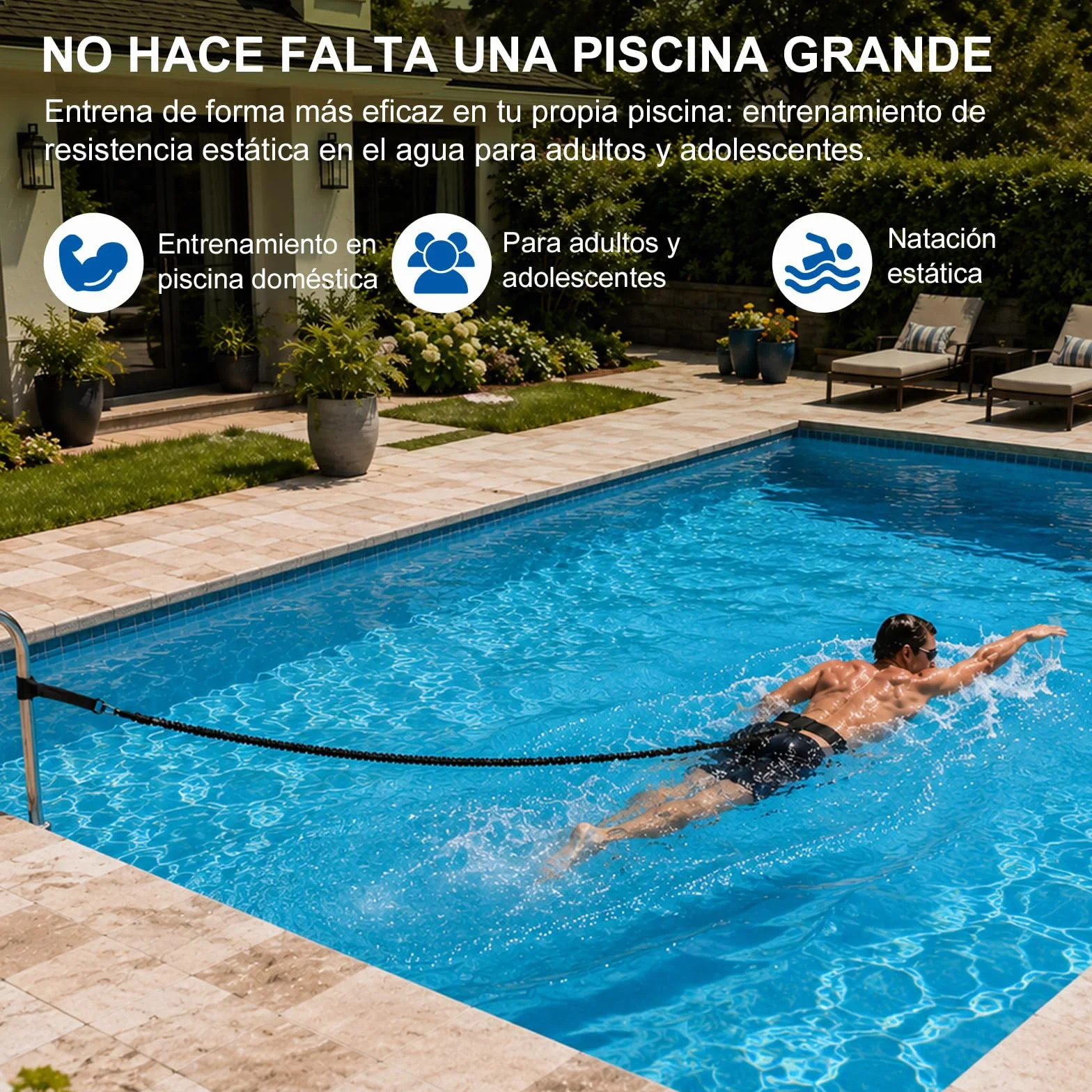 Cinturón de natación para piscina, ayuda de natación para adultos, resistencia ajustable 2,5-7,5 m