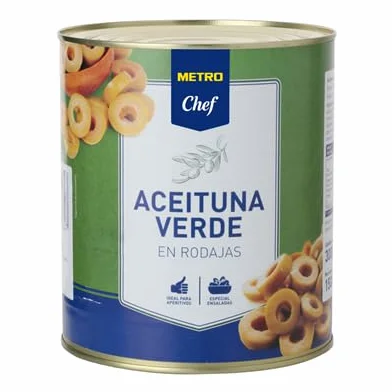Aceitunas Verdes en Rodajas Chef – El Toque Versátil para tus Aperitivos y Platos Varios Formatos (1 LATA, 3400g. (Esc. 1500g))
