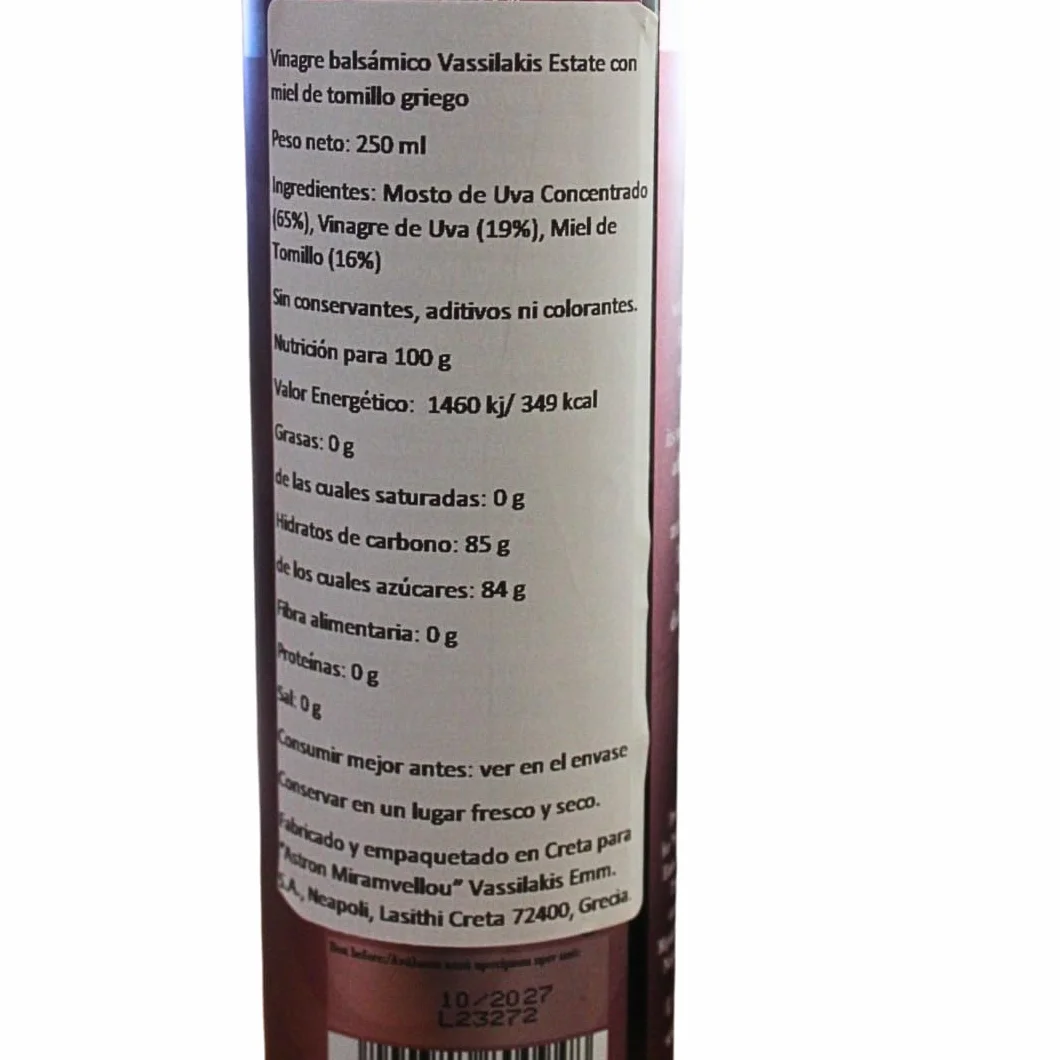 Vassilakis Estate – Vinagre Balsámico Griego con Miel de Tomillo – Botella de 250 ml