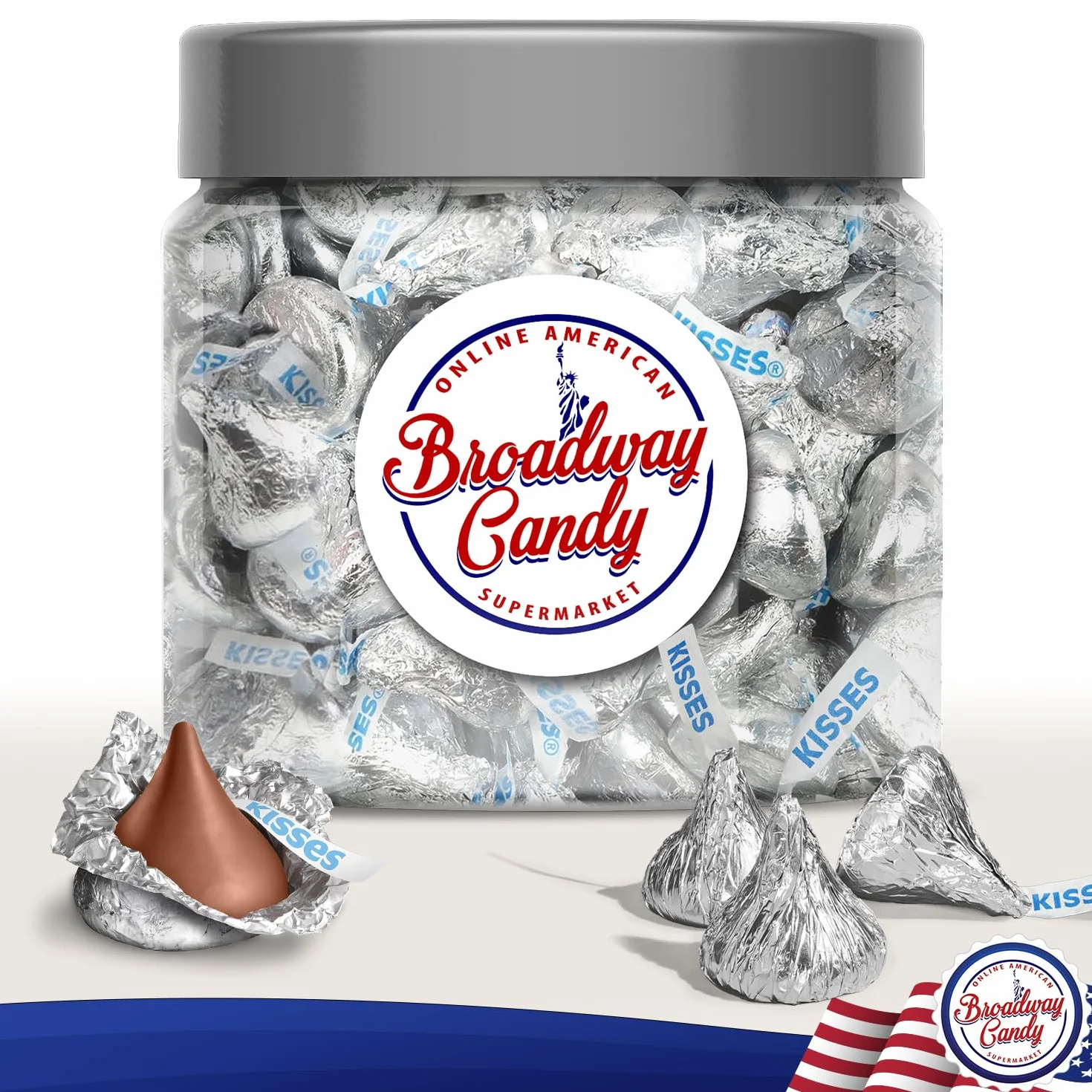 Broadway Candy Kisses Original - Tarro de caramelos (600 g), envueltos individualmente, chocolates de tamaño bocado en plata, aproximadamente 120 unidades