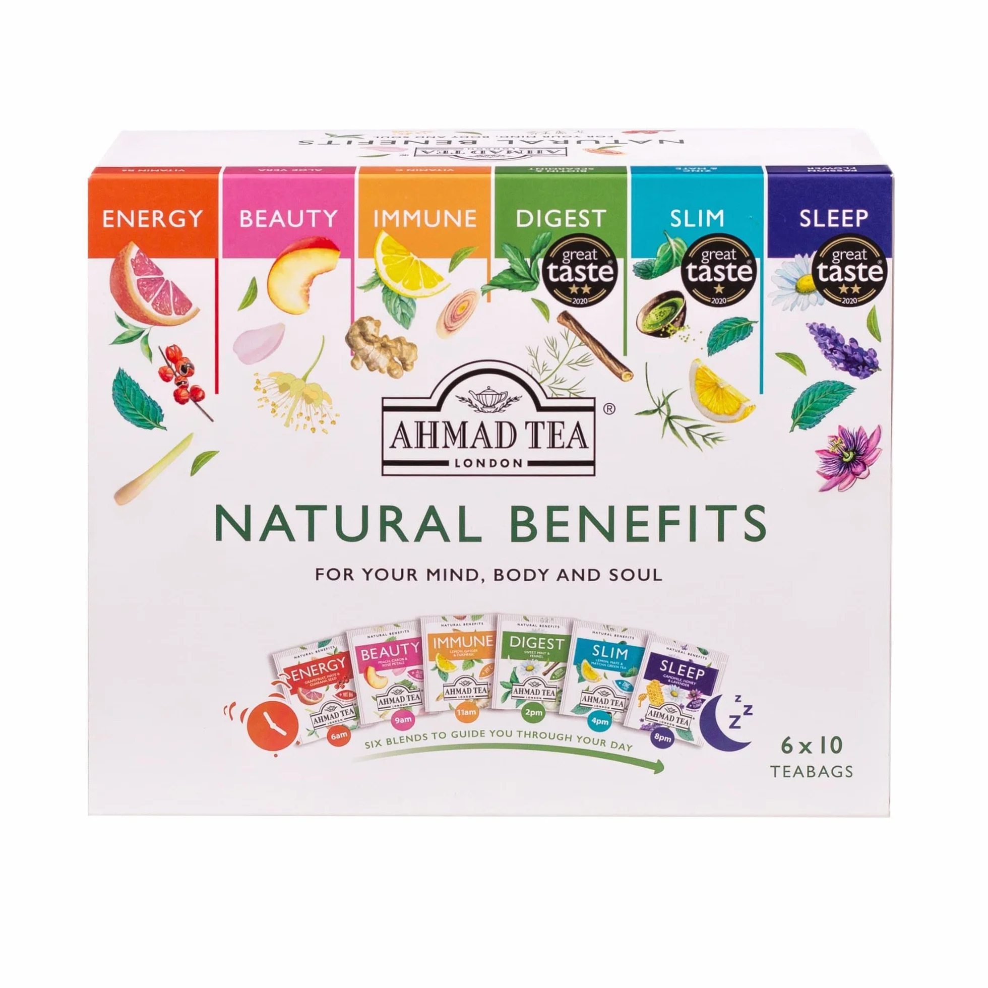 Ahmad Tea Paquete de selección de té funcional Natural Benefit | infusiones de té verde, frutas y hierbas, regalo perfecto para té de hierbas, 60 bolsitas de té | 6 mezclas