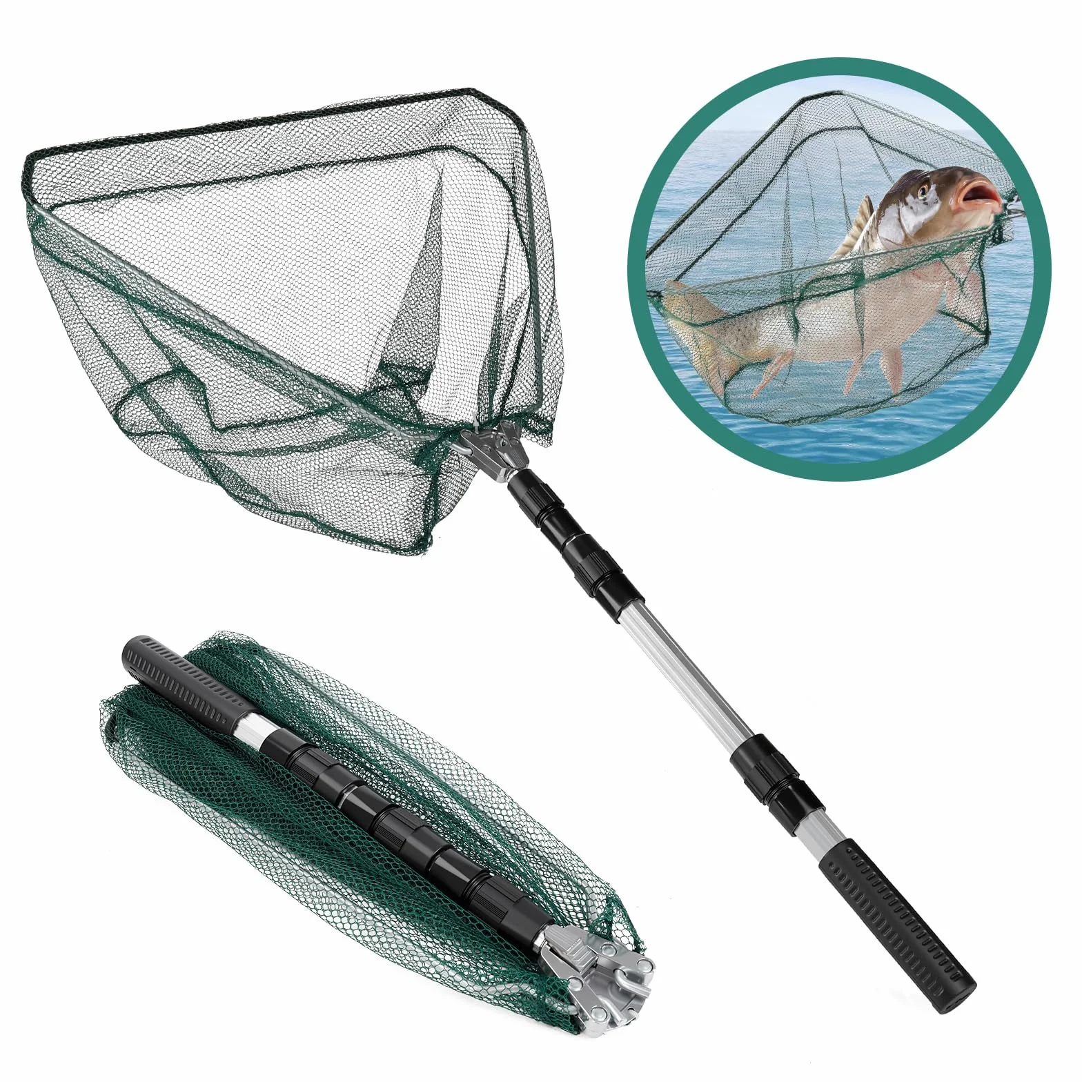 Red de Pesca 130cm Telescópica con Mango Largo Ajustable, Plegable y Portátil para Trucha, Perca y Carpa