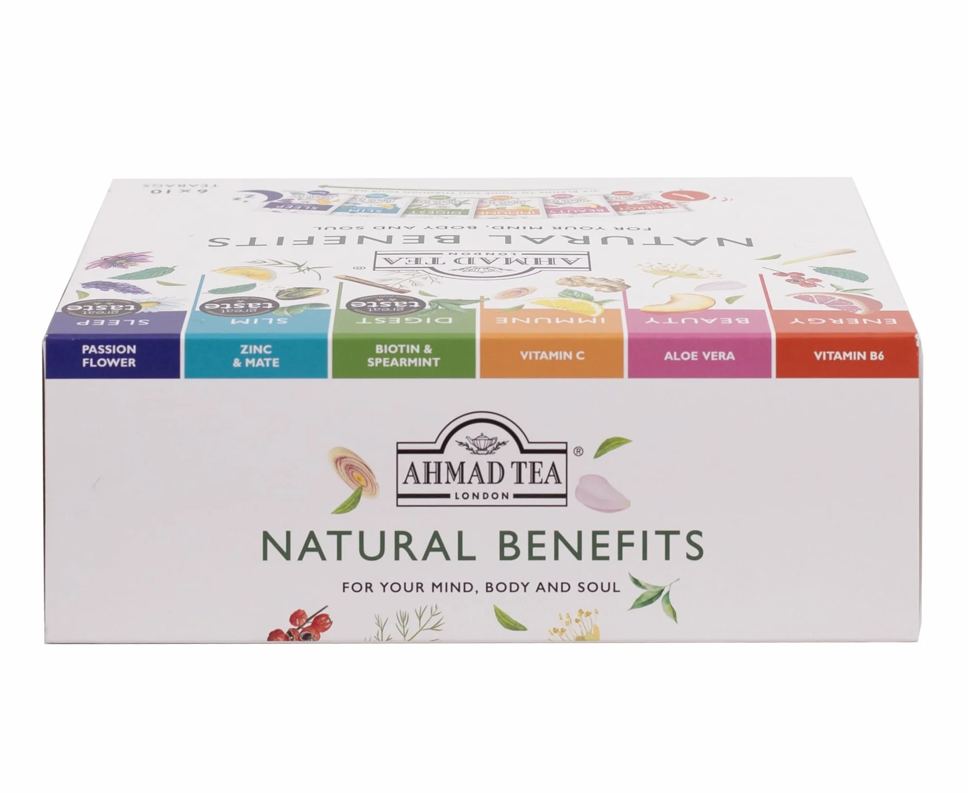 Ahmad Tea Paquete de selección de té funcional Natural Benefit | infusiones de té verde, frutas y hierbas, regalo perfecto para té de hierbas, 60 bolsitas de té | 6 mezclas