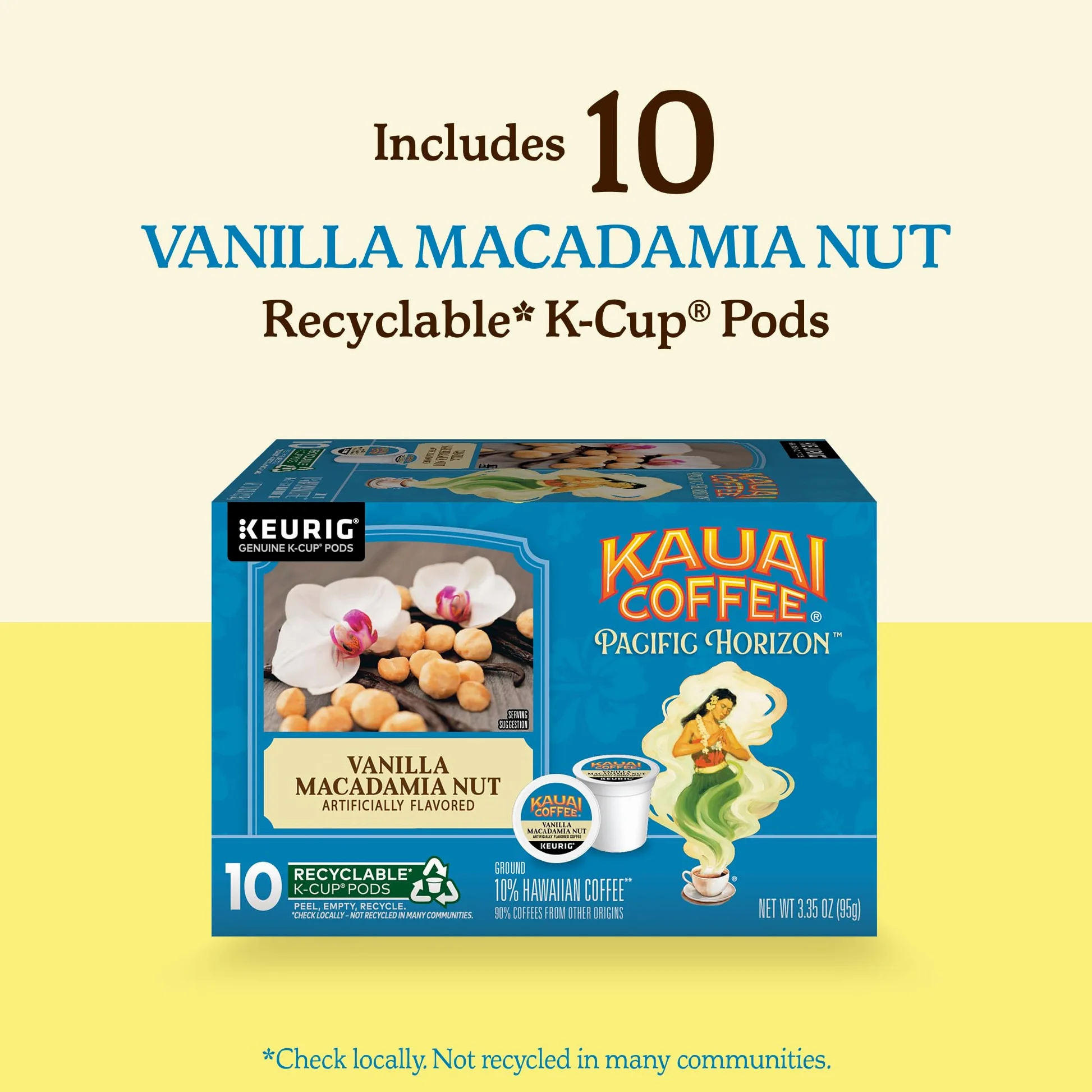 Kauai Coffee K-Cup Pods - Vainilla Macadamia Nut, 10 cápsulas K-Cup | Tostado medio, café arábica, 10 % hawaiano, para cafeteras Keurig, porción única, granos de vainilla con nueces de macadamia