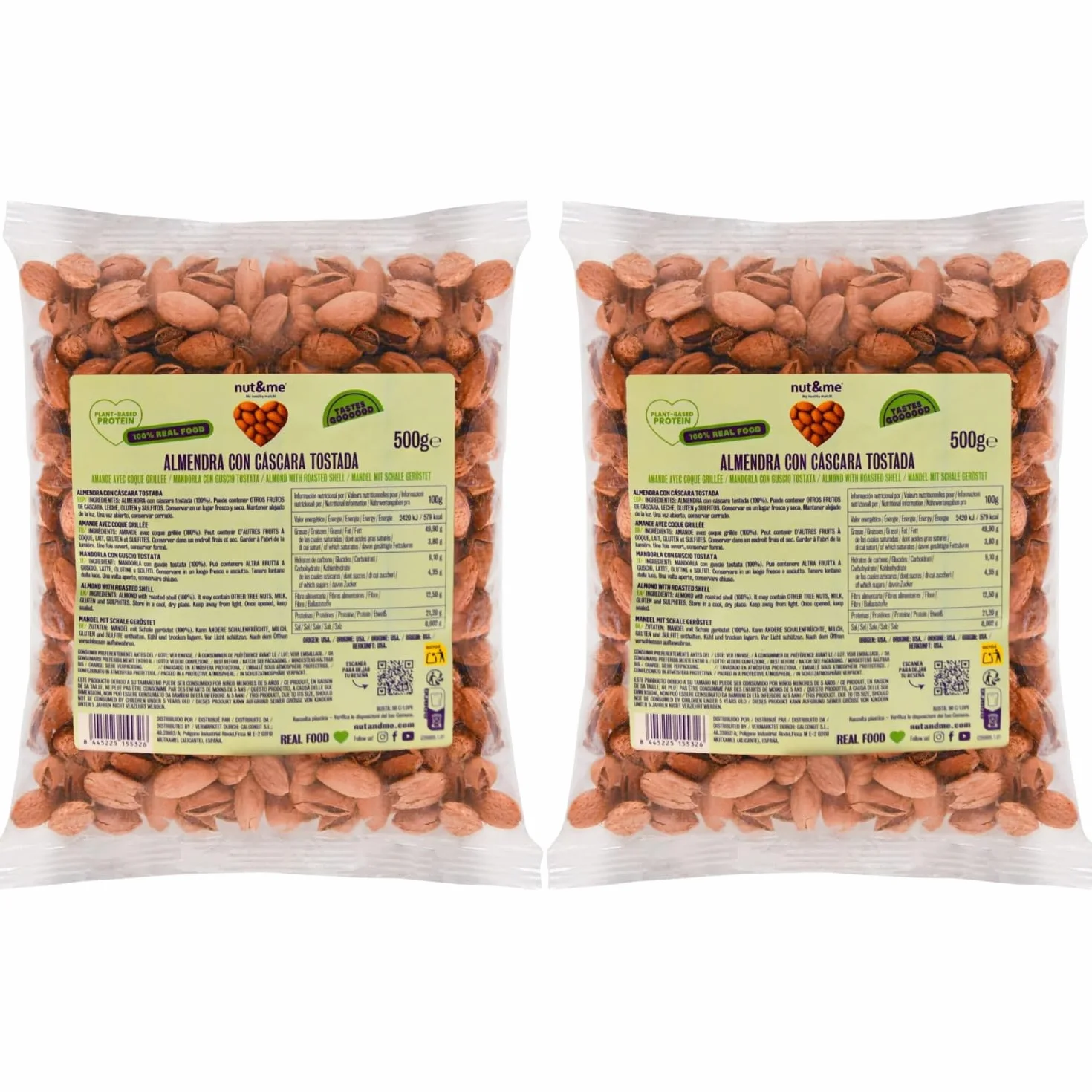 nut&me Almendras Tostadas con Cáscara 1 kg | Almendruco | 100% Naturales | Fuente de proteínas | Alto contenido en fibra | Sin gluten | Pack 2 x 500gr