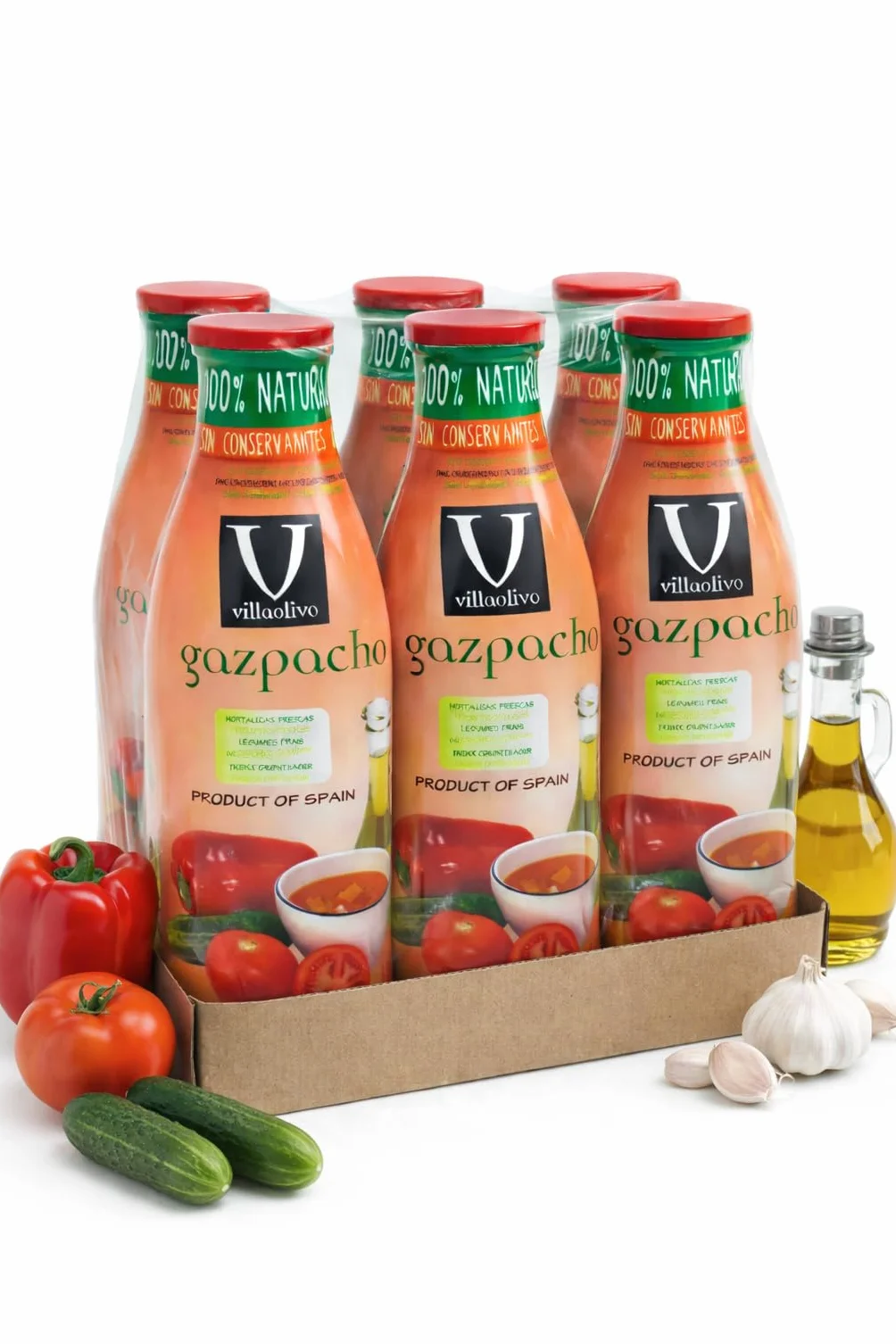 Villaolivo Gazpacho Tradicional 1L Pack 6 Sopa Fría Española 100% Natural Sin Conservantes