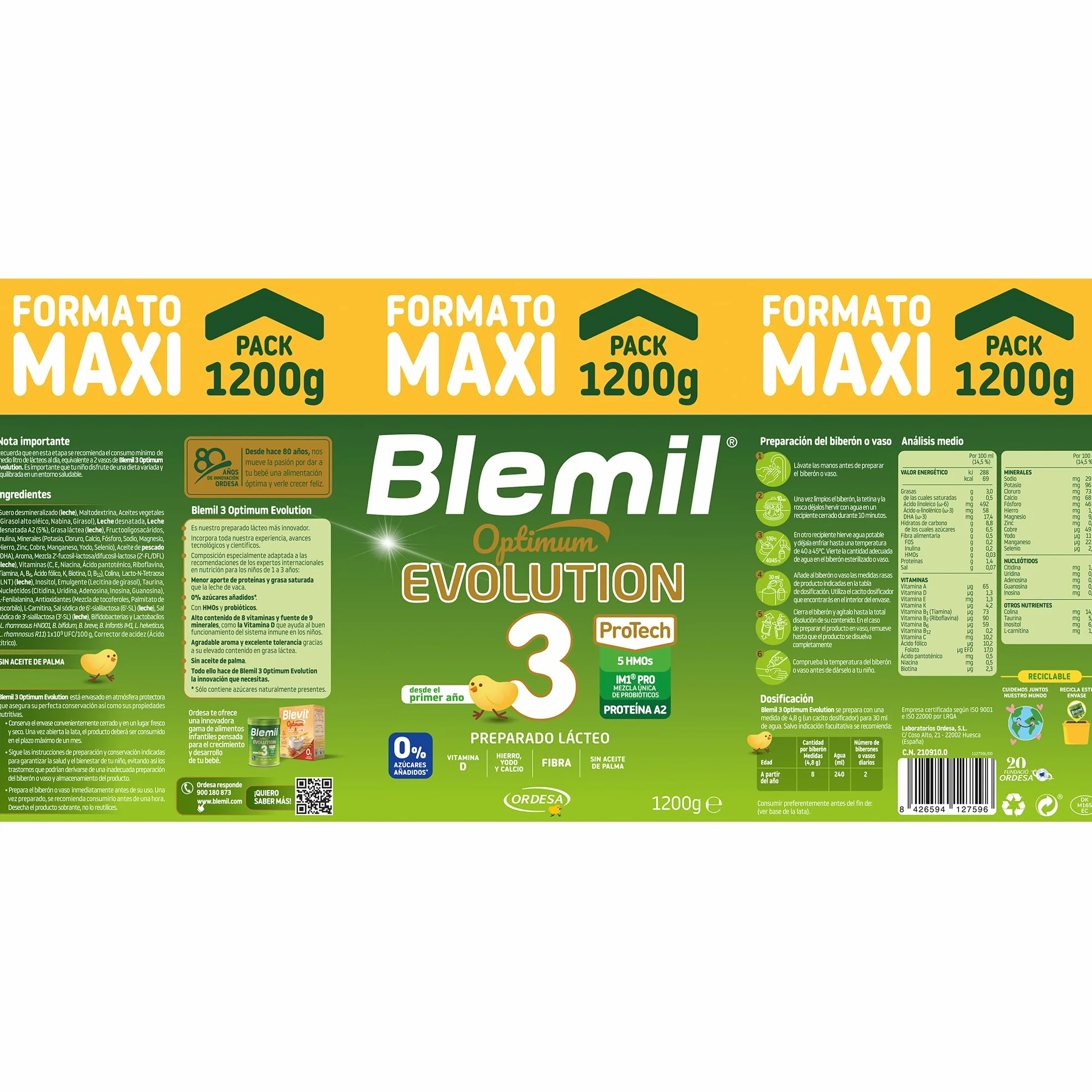 Blemil 3 Optimum Evolution 1200g Preparado Lácteo en Polvo para Niños 1-3 años 0% Azúcares Añadidos sin Aceite de Palma