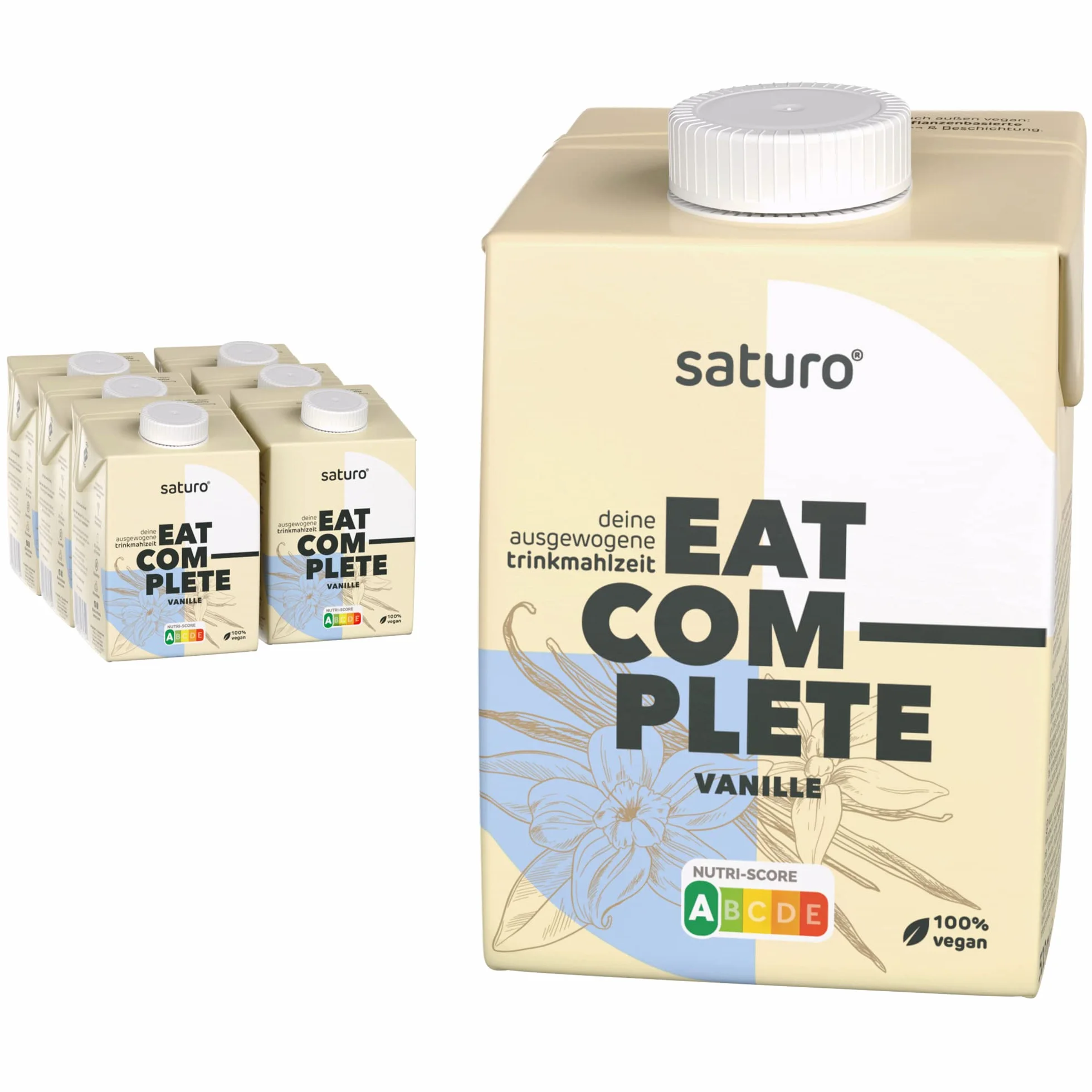 Saturo Batido de Vainilla Sustituto de Comida | Comida para astronautas con proteínas y 500kcal | Vegano | Comida bebible con nutrientes esenciales | 6 x 500 ml