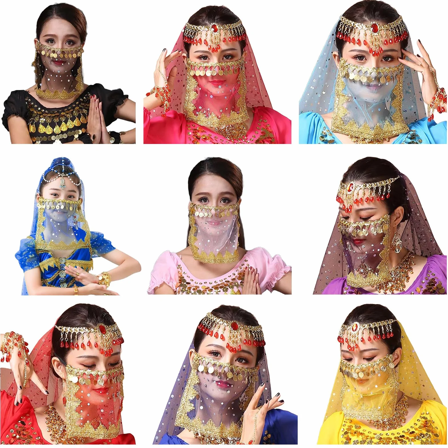 Velo facial de danza del vientre con moneda, media cara, bufanda de fiesta tribal para mujeres