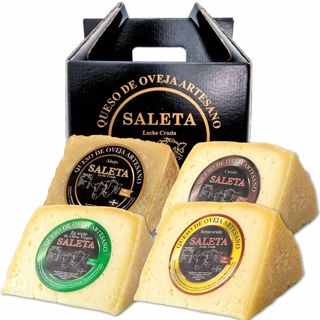 SALETA® Cesta Quesos Gourmet Regalo 4 Cuñas Queso Curado Semicurado Añejo Aceite Oliva Virgen Extra 1Kg