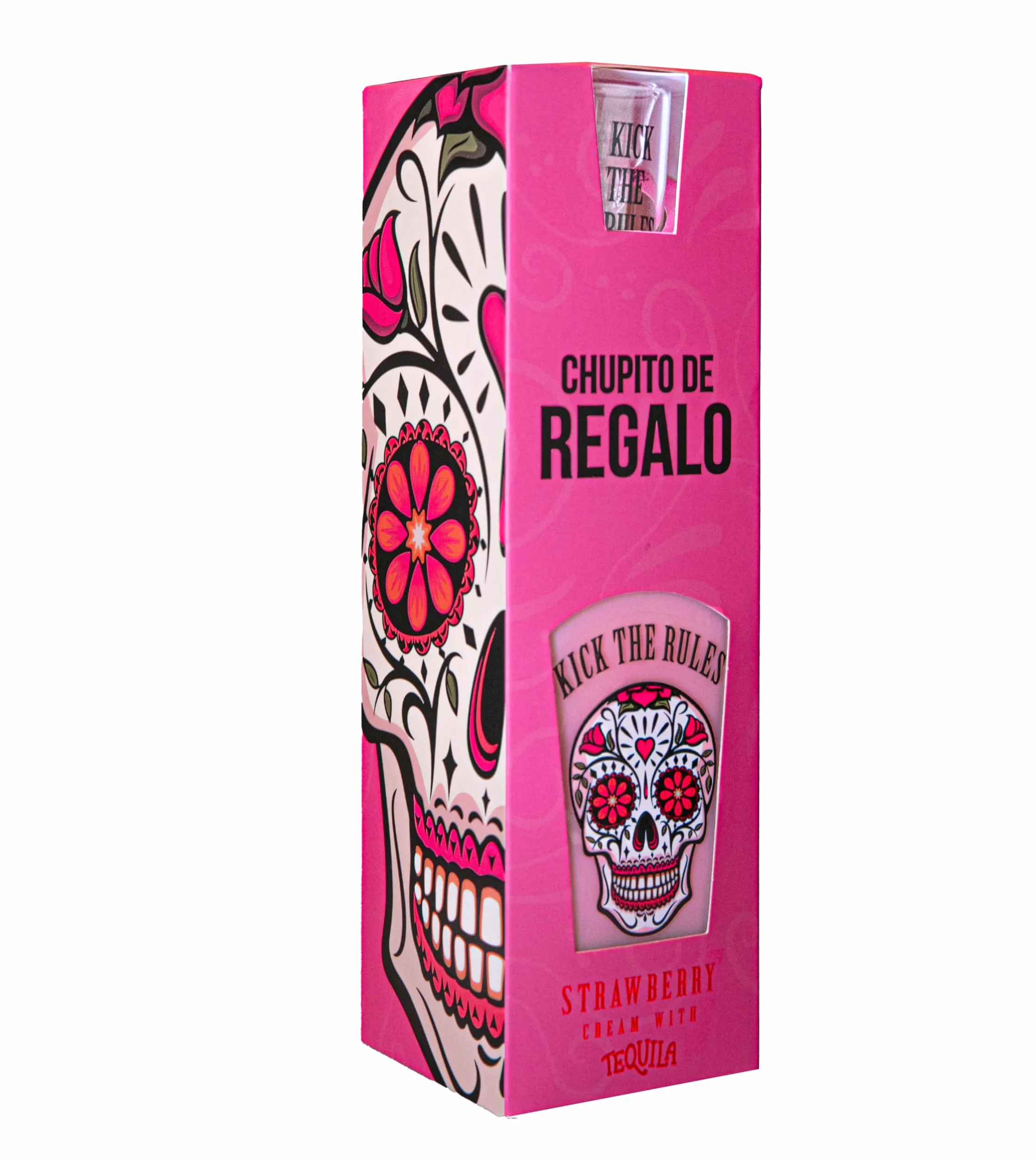 KICK THE RULES - PACK CREMA DE FRESA CON TEQUILA CON CHUPITO CALAVERA PREMIUM DE REGALO - BOTELLA DE 700mL - ESTUCHE DE REGALO