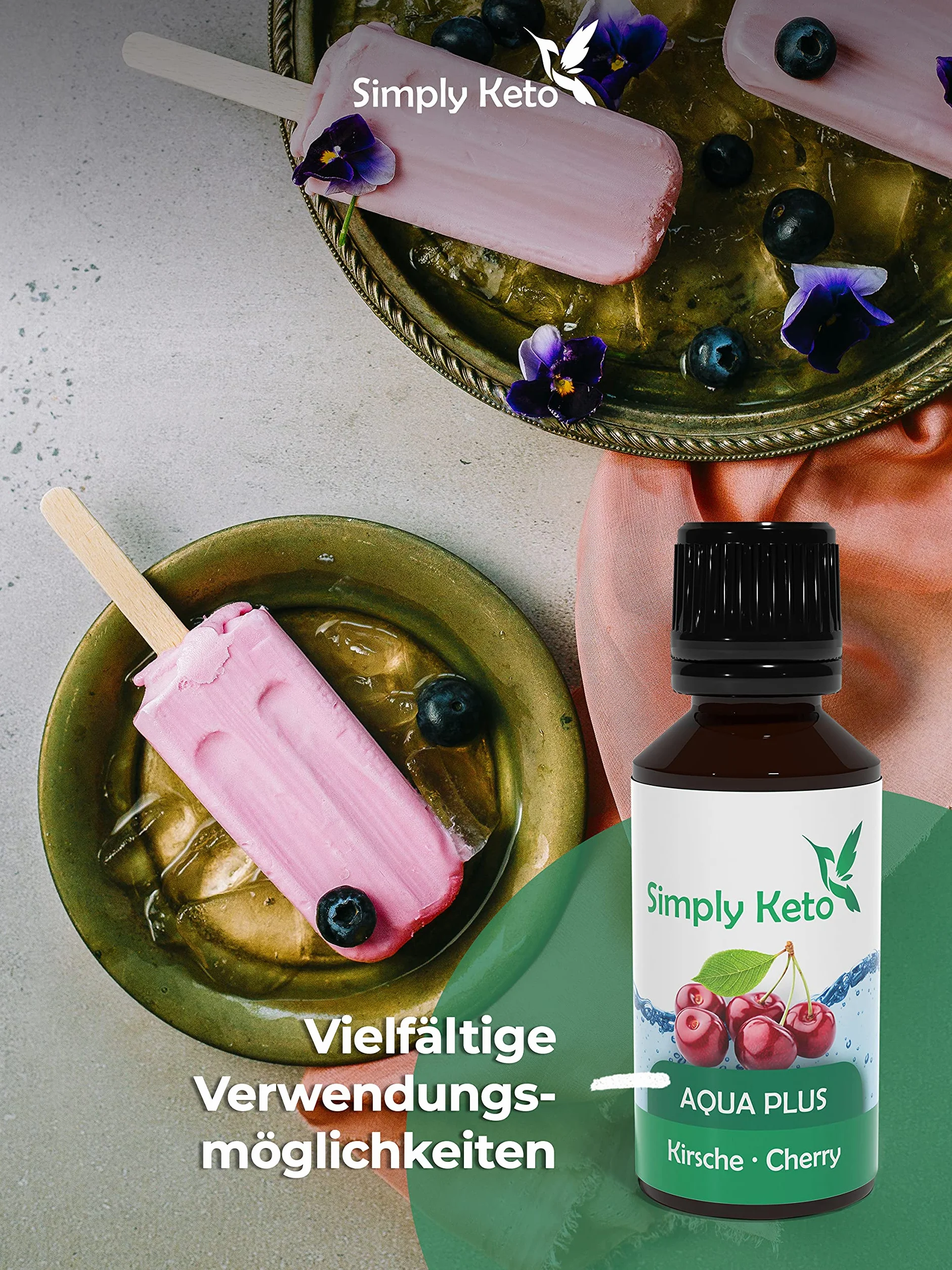 Simply Keto Gotas de sabor Aqua Plus (Cereza) 30ml - Gotas de sabor natural sin calorías - Alternativa al jarabe para 12 litros de agua con auténtico sabor - Sin aspartamo ni azúcar