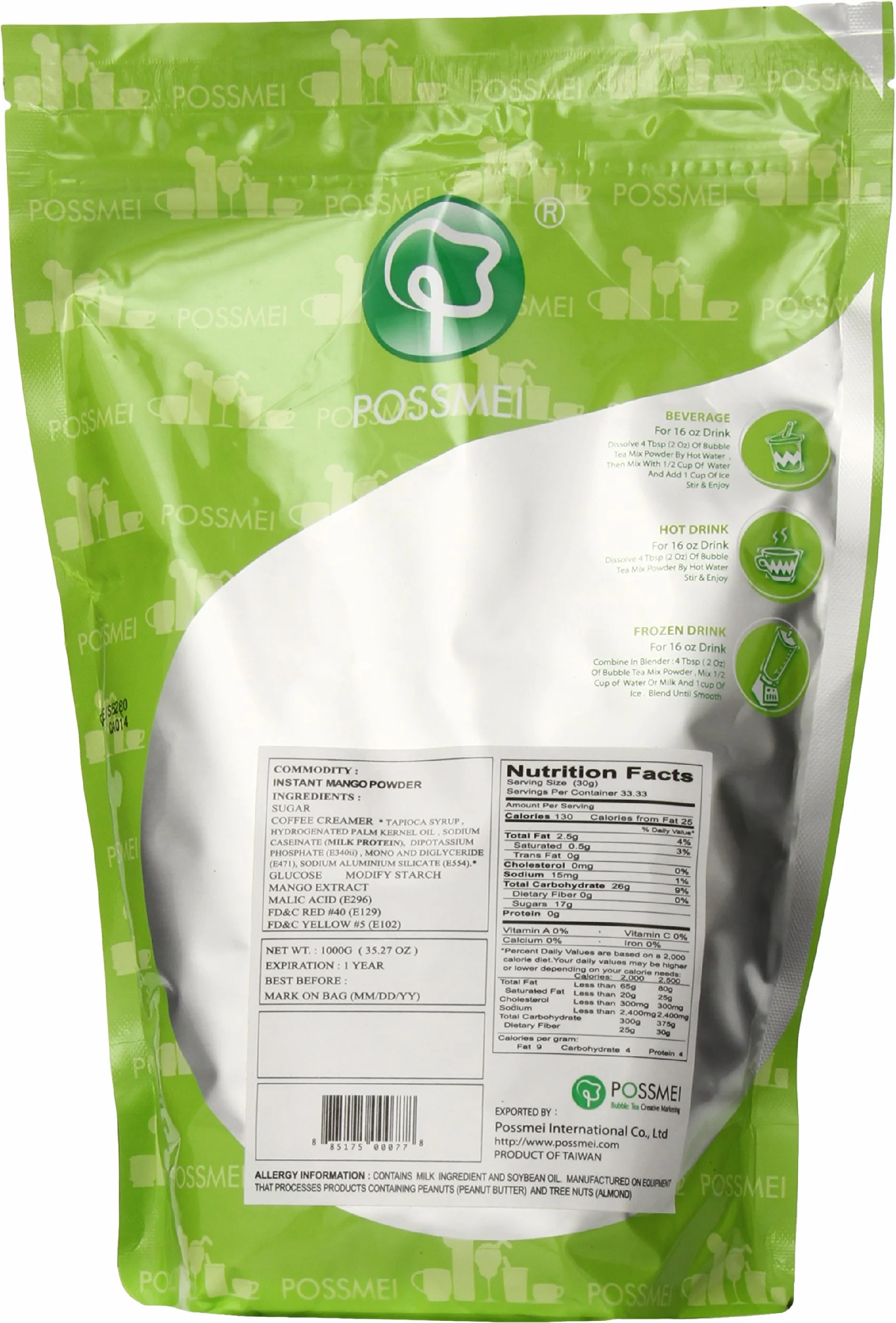 Possmei Bubble Tea Mix Instant Powder, Mango, 2.2 Pound