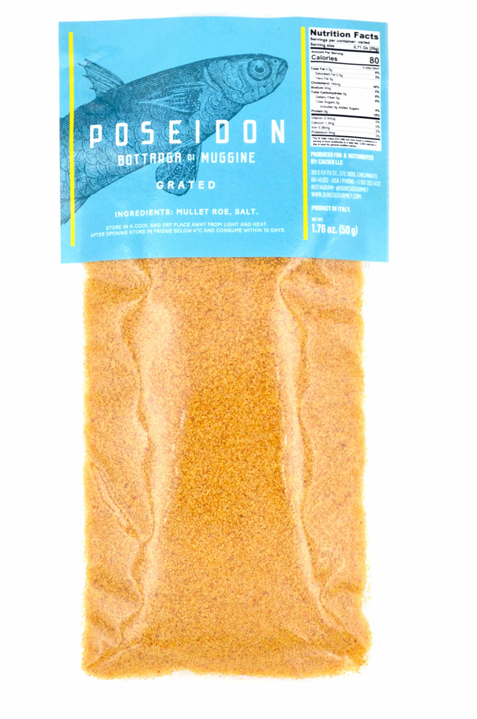 Poseidón Bottarga rallada (huevas de salmonete mordido salvaje curado) Superfood mediterráneo de Cerdeña, producto italiano [50g]