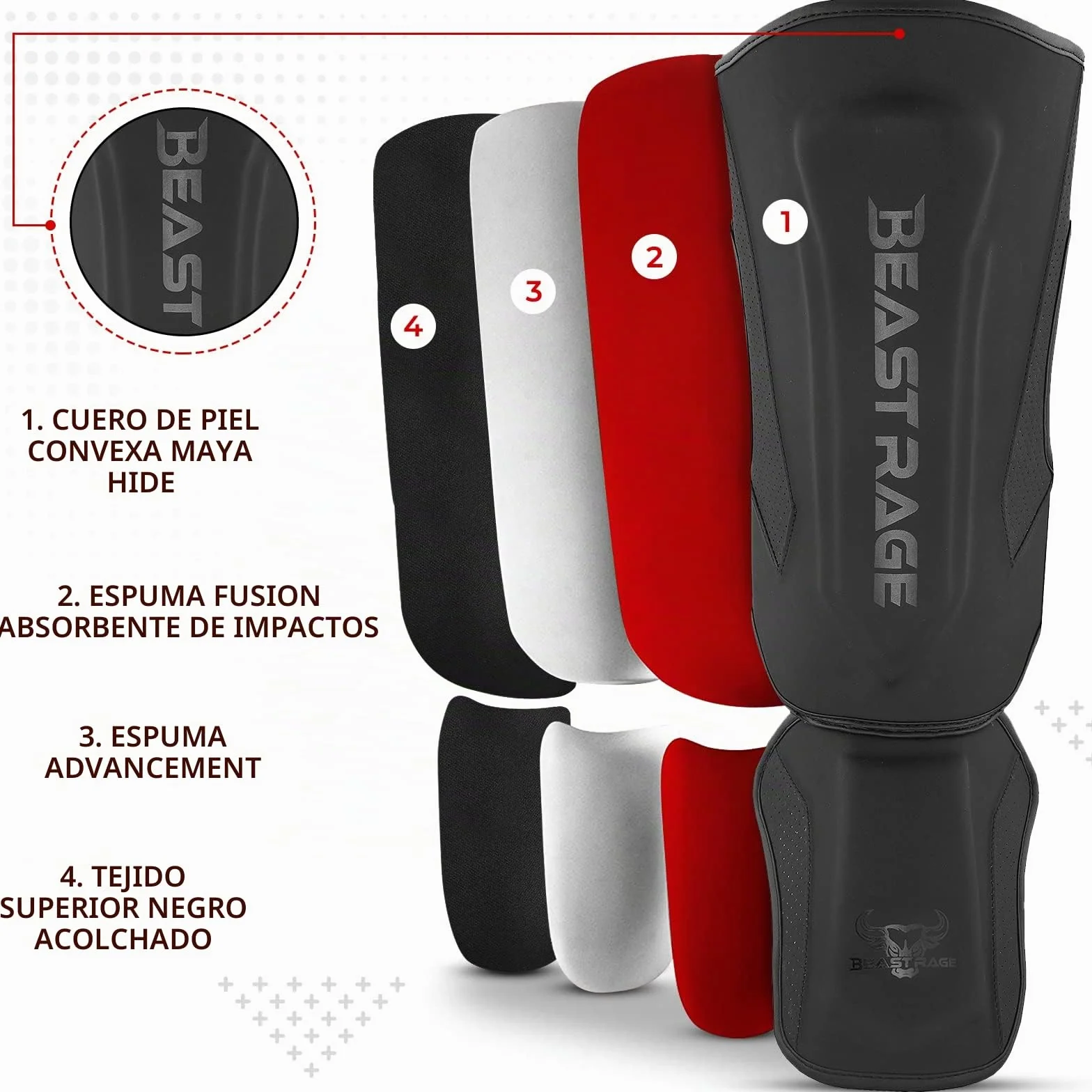 BEAST RAGE Espinilleras Kickboxing Muay Thai MMA Protector Piernas Empeine Entrenamiento