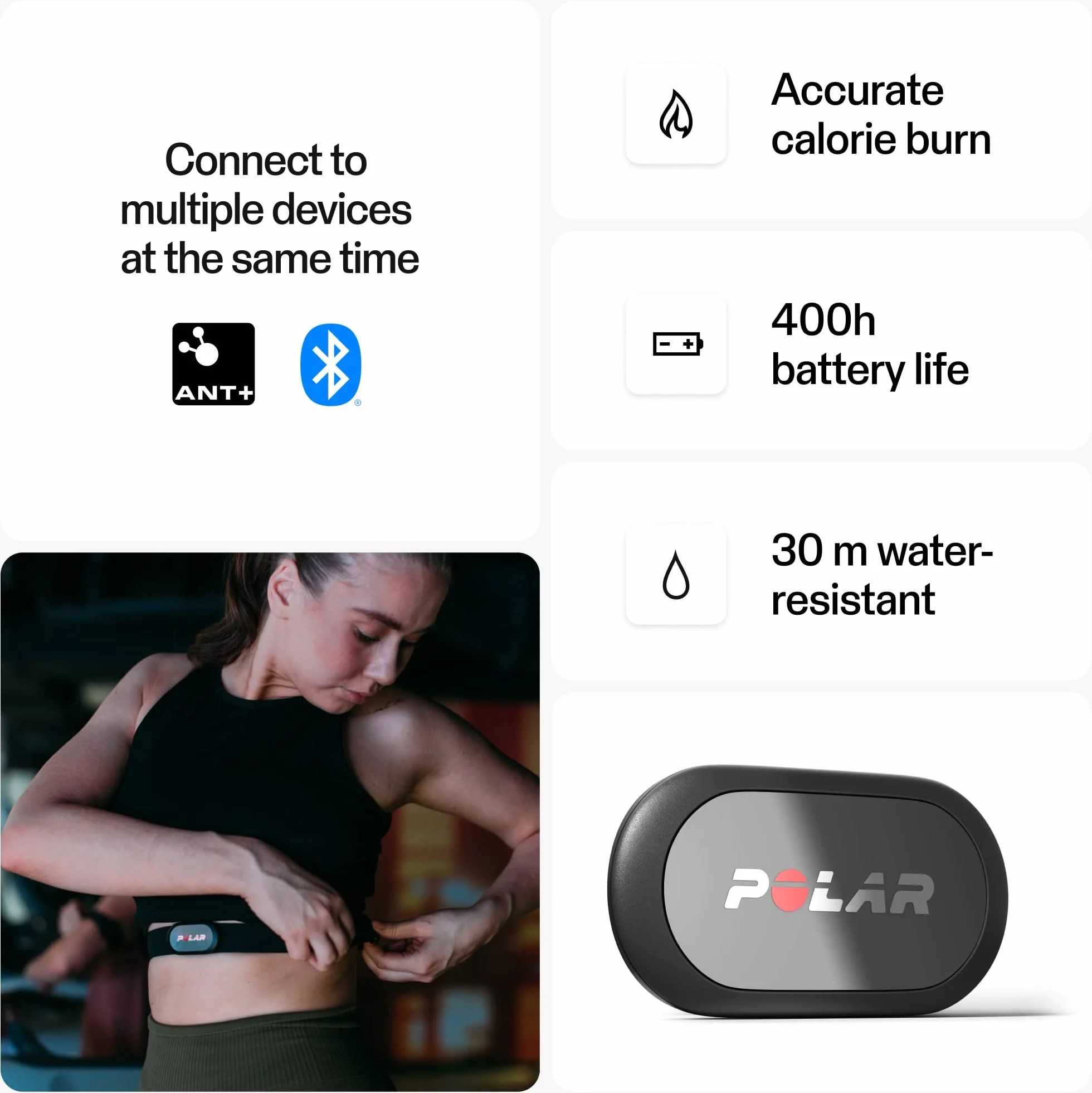 Polar H9 Sensor de Frecuencia Cardíaca Ant+ Bluetooth Resistente al Agua con Elástico